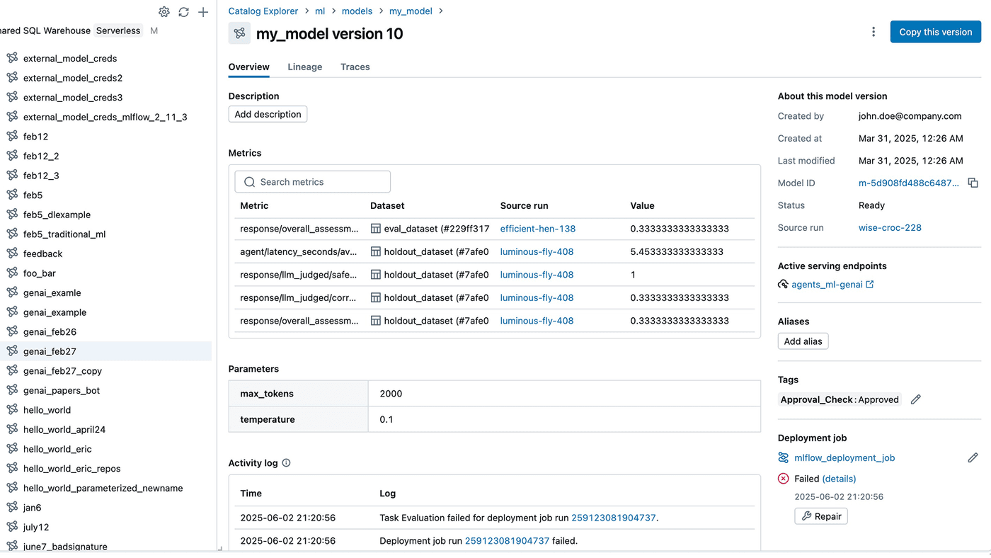 MLflow governance screenshot