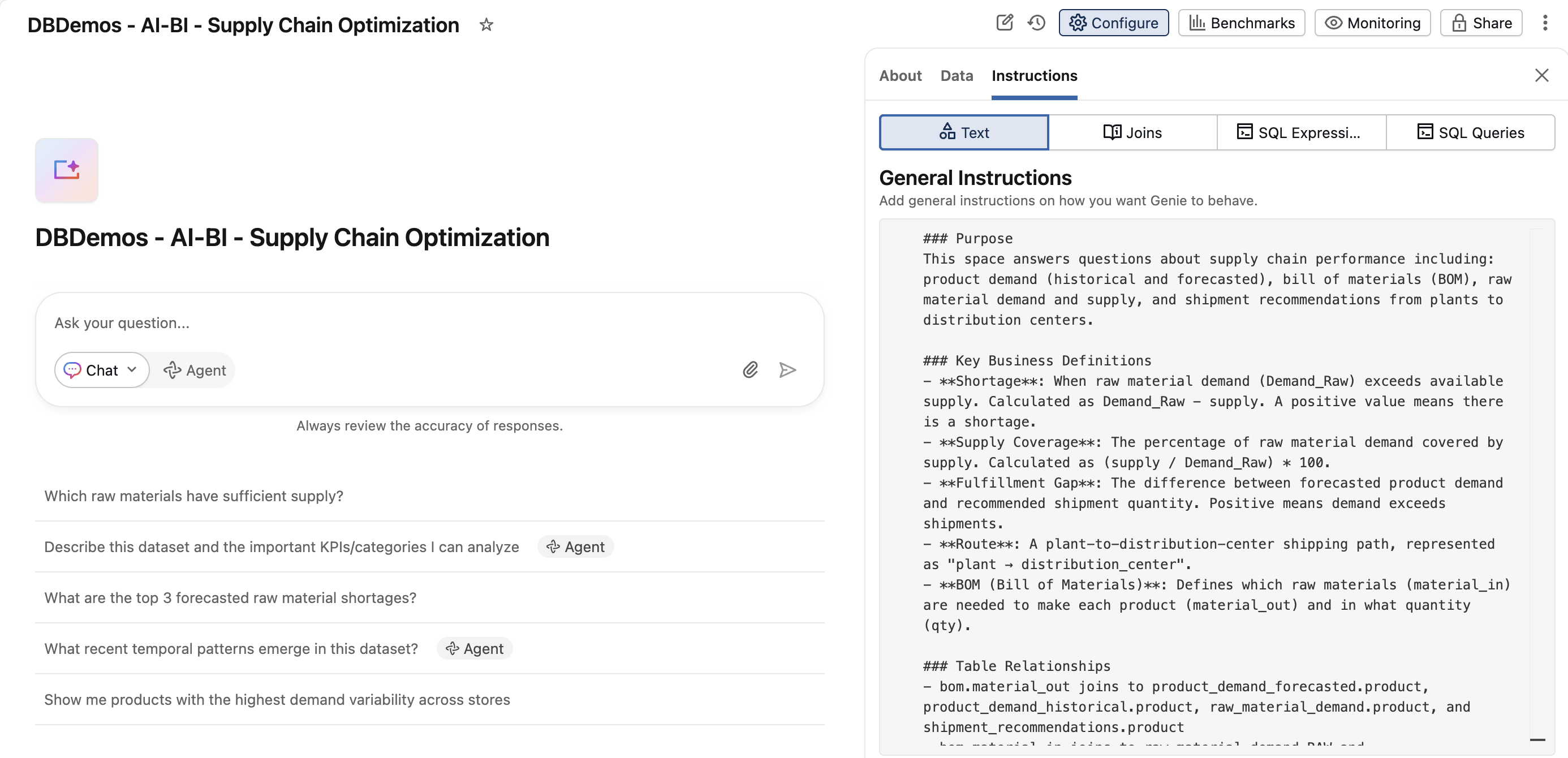 Updated Genie space with generated text instructions