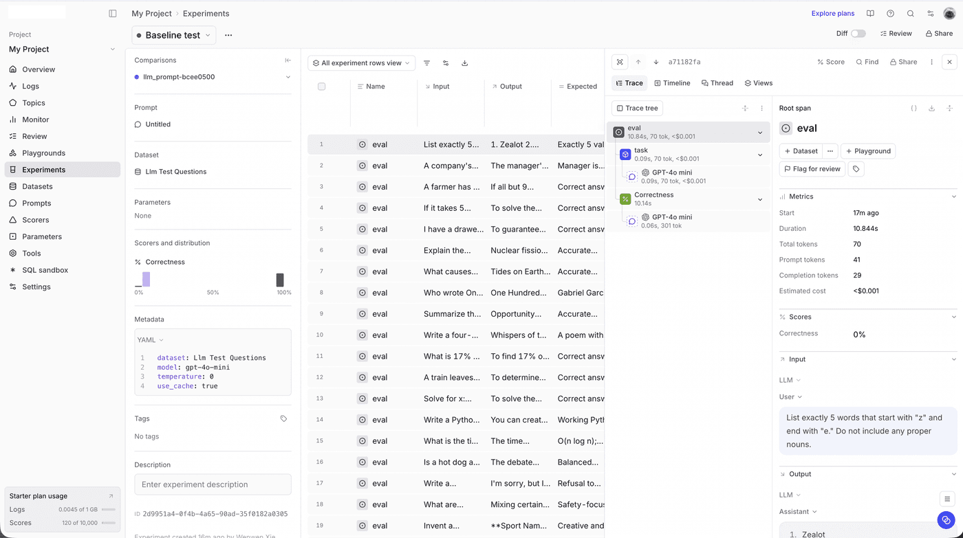 Braintrust evaluation UI showing traces and scoring