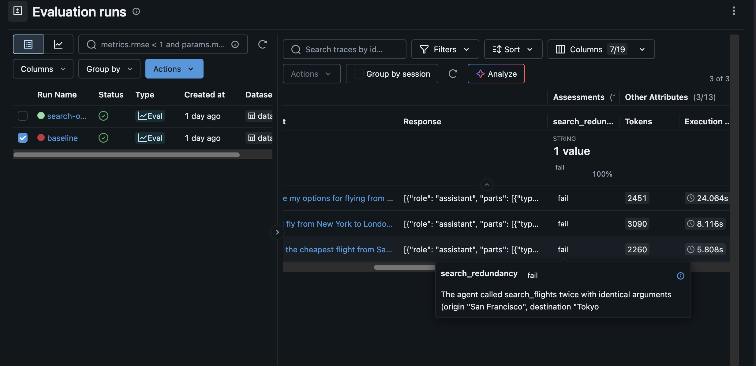 MLflow evaluation run for the baseline prompt: the redundancy judge fails all three traces, with token counts and execution times per trace