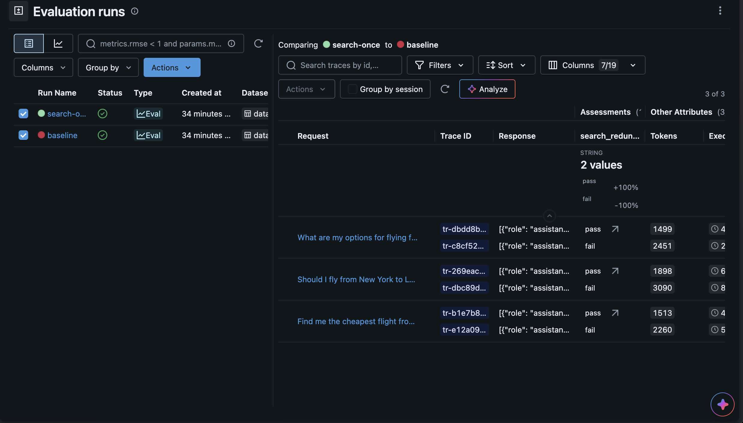 MLflow evaluation runs compare view: the search-once run passes the redundancy judge on every prompt with fewer tokens than the baseline run, which fails it