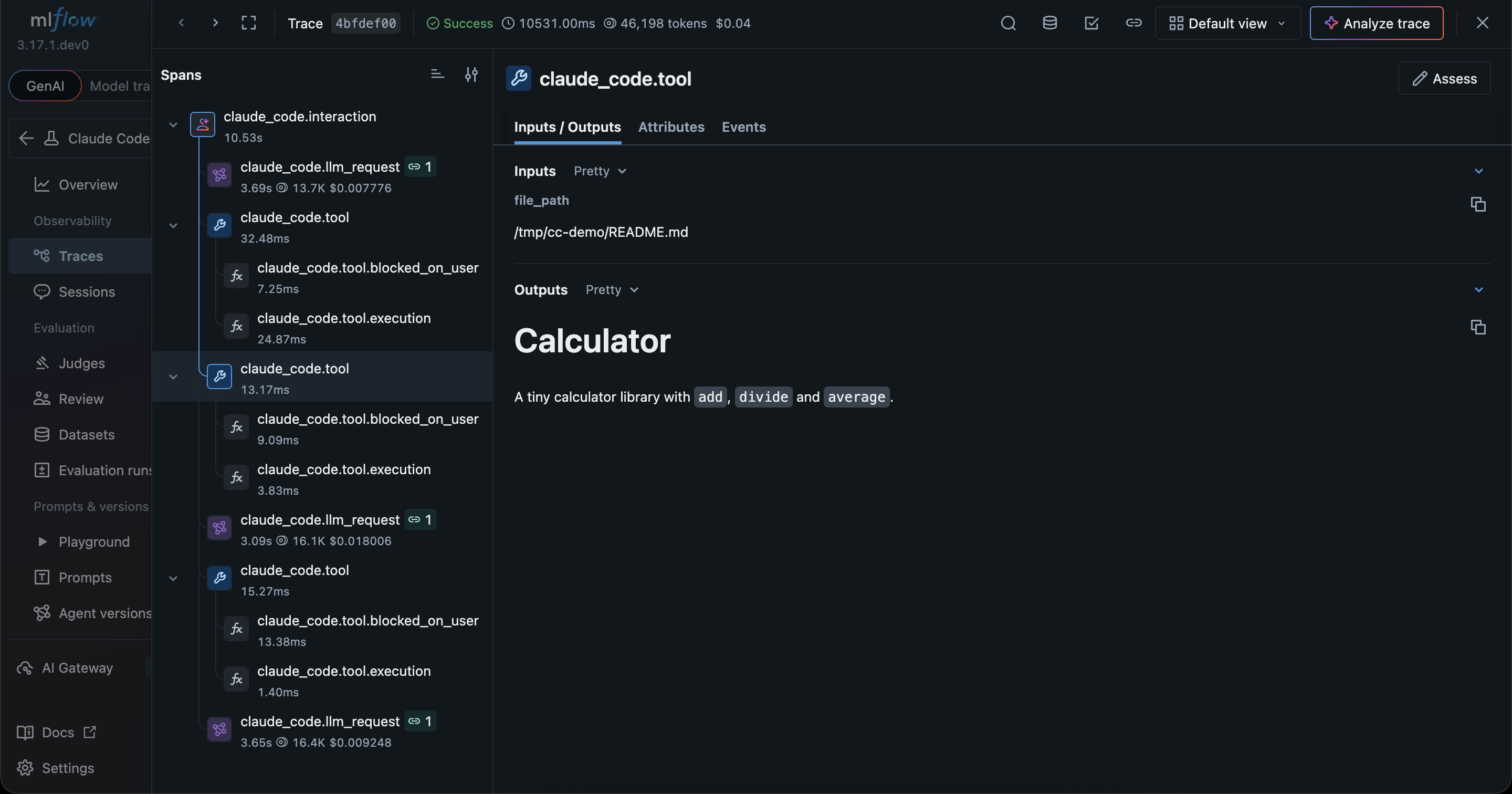 A Claude Code trace in MLflow showing the agent's model and tool calls, with the selected tool's input and output