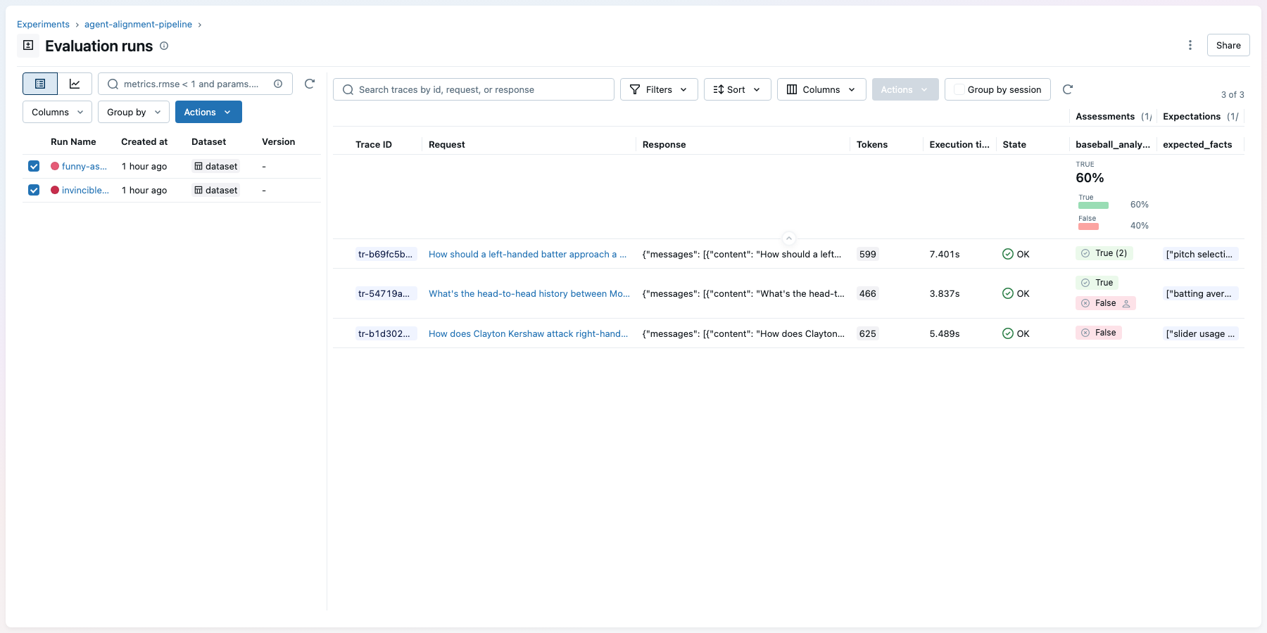The MLflow Evaluation Runs view comparing baseline and optimized runs