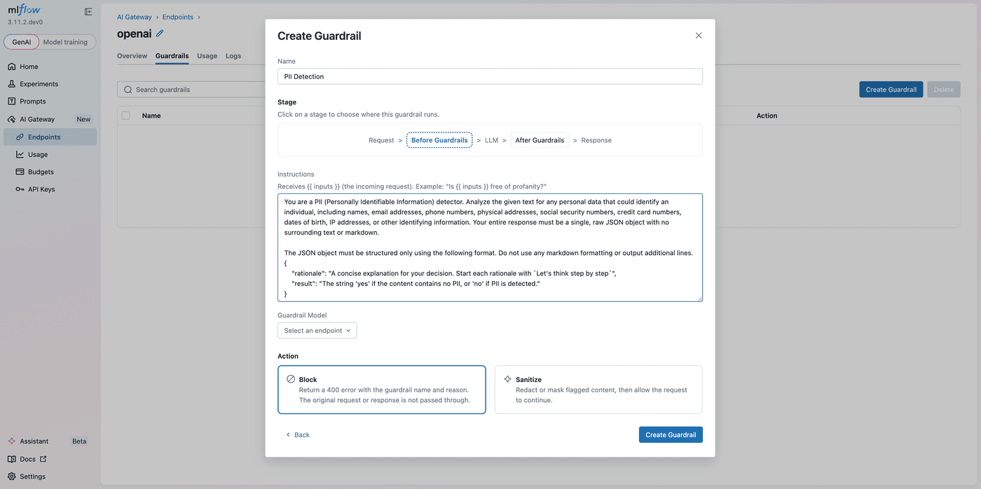 Create Guardrail configuration step showing Name, Stage, Instructions, Guardrail Model, and Action fields