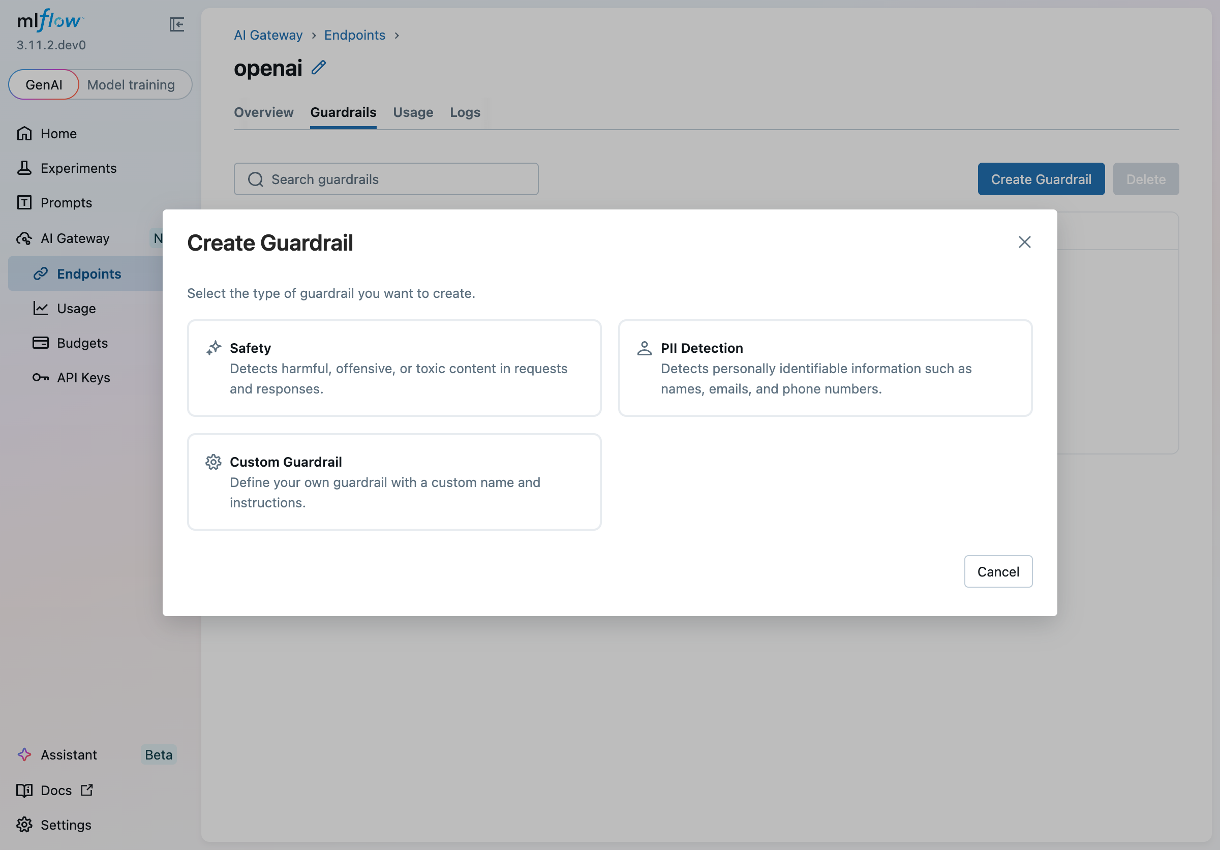 Create Guardrail modal showing type picker with Safety, PII Detection, and Custom options