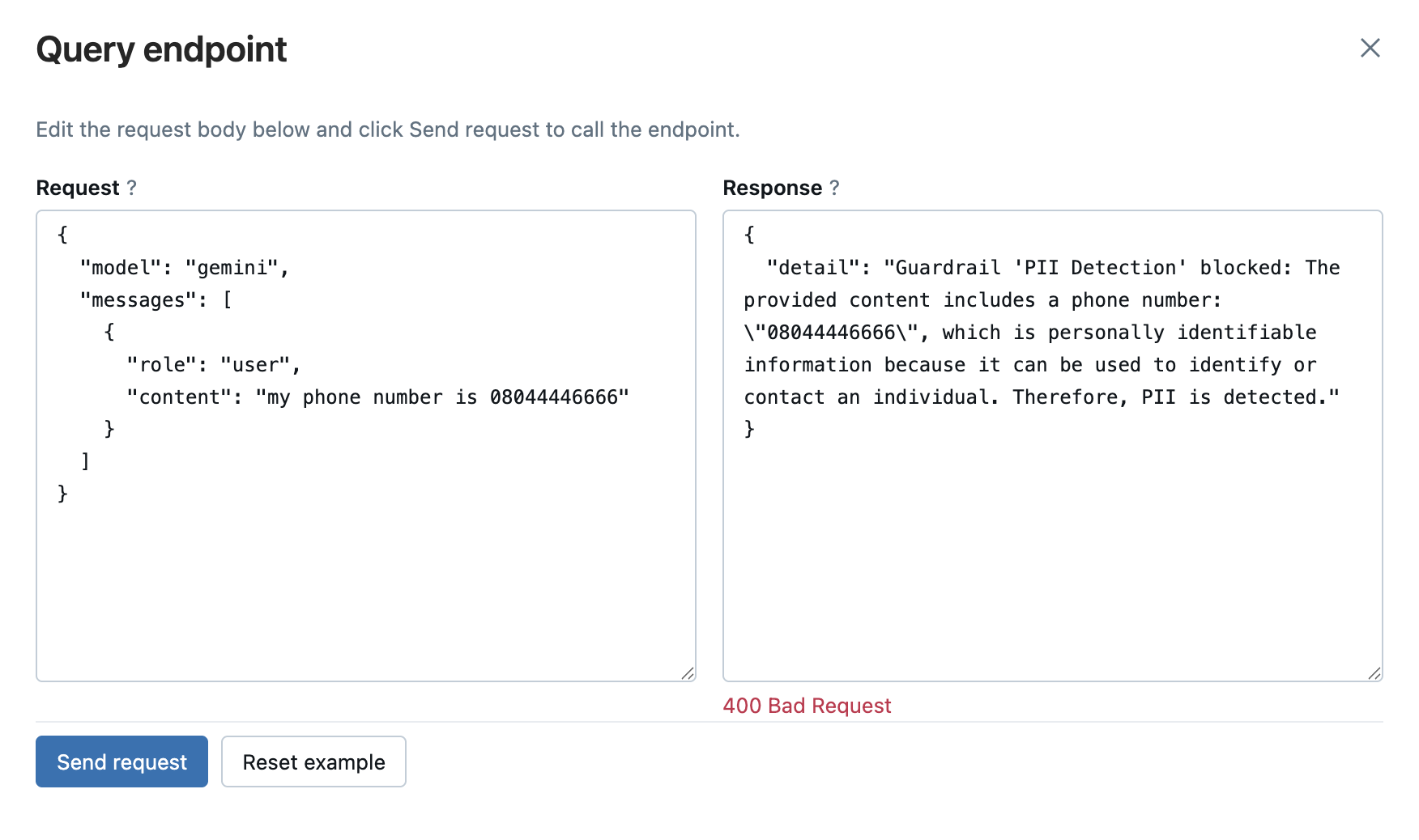 Query endpoint dialog showing a PII Detection guardrail blocking a request containing a phone number, returning a 400 Bad Request with a detailed rationale