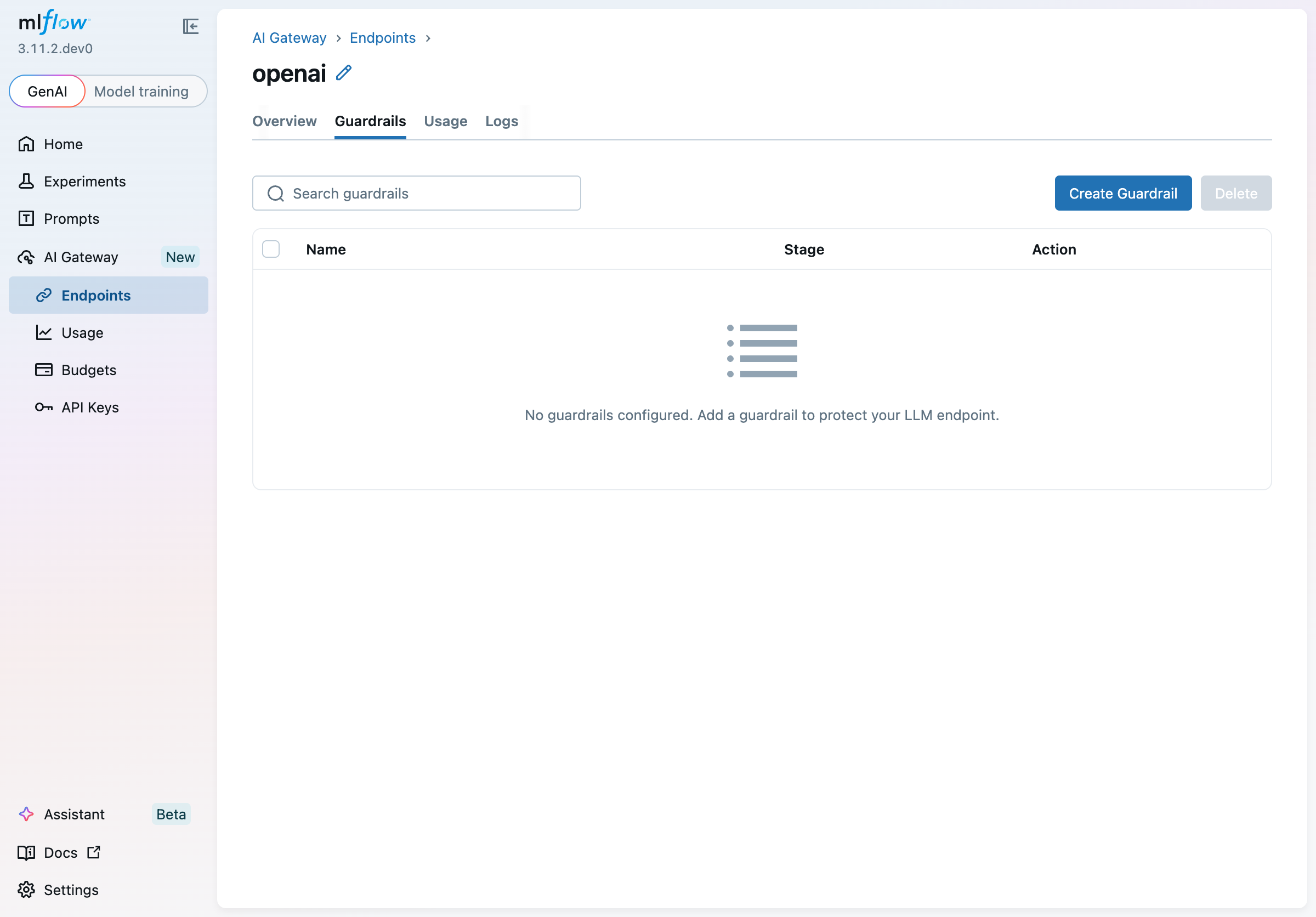 Guardrails tab showing empty state