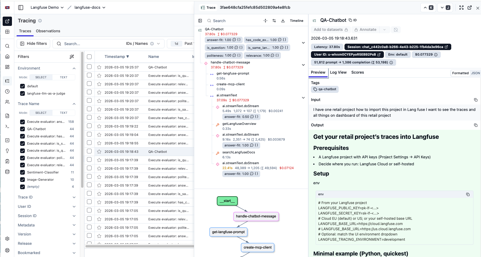 Langfuse tracing UI showing traces, spans, and trace detail view