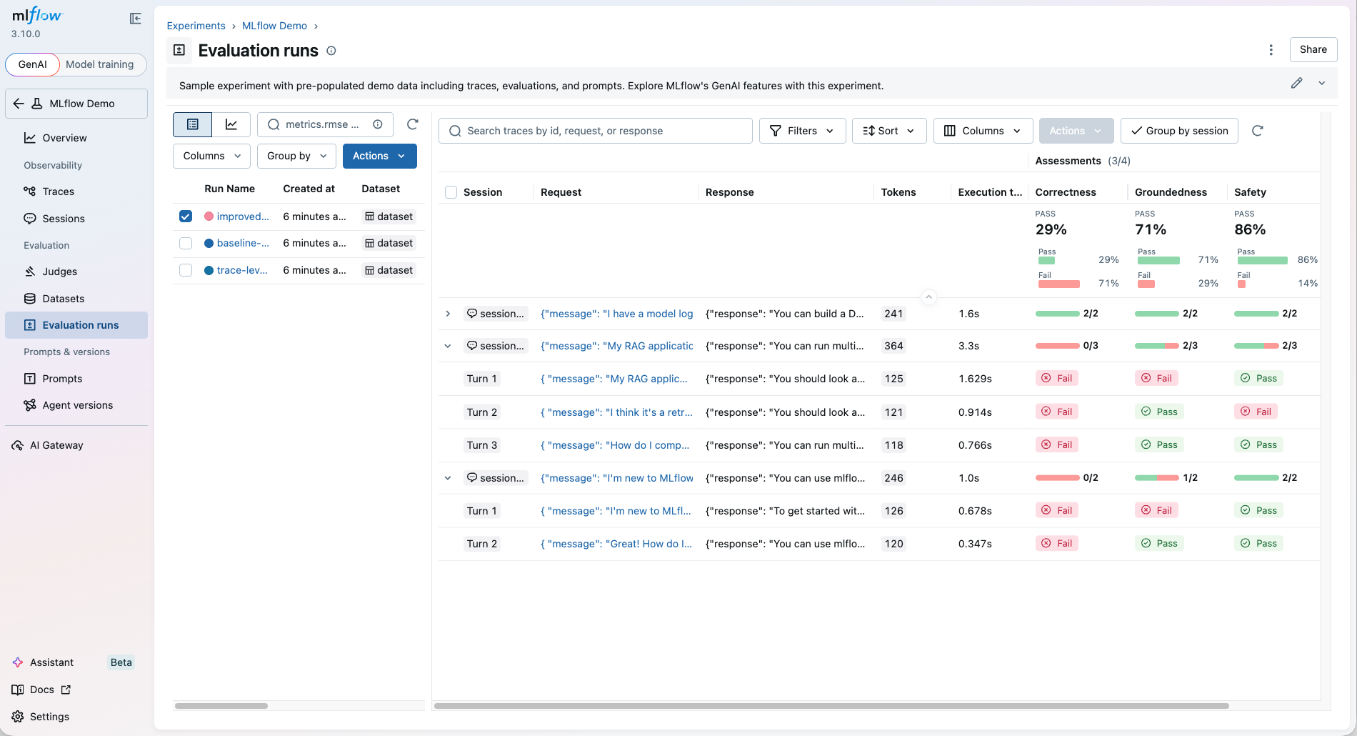 MLflow evaluation UI showing scorers, results, and detailed assessment views