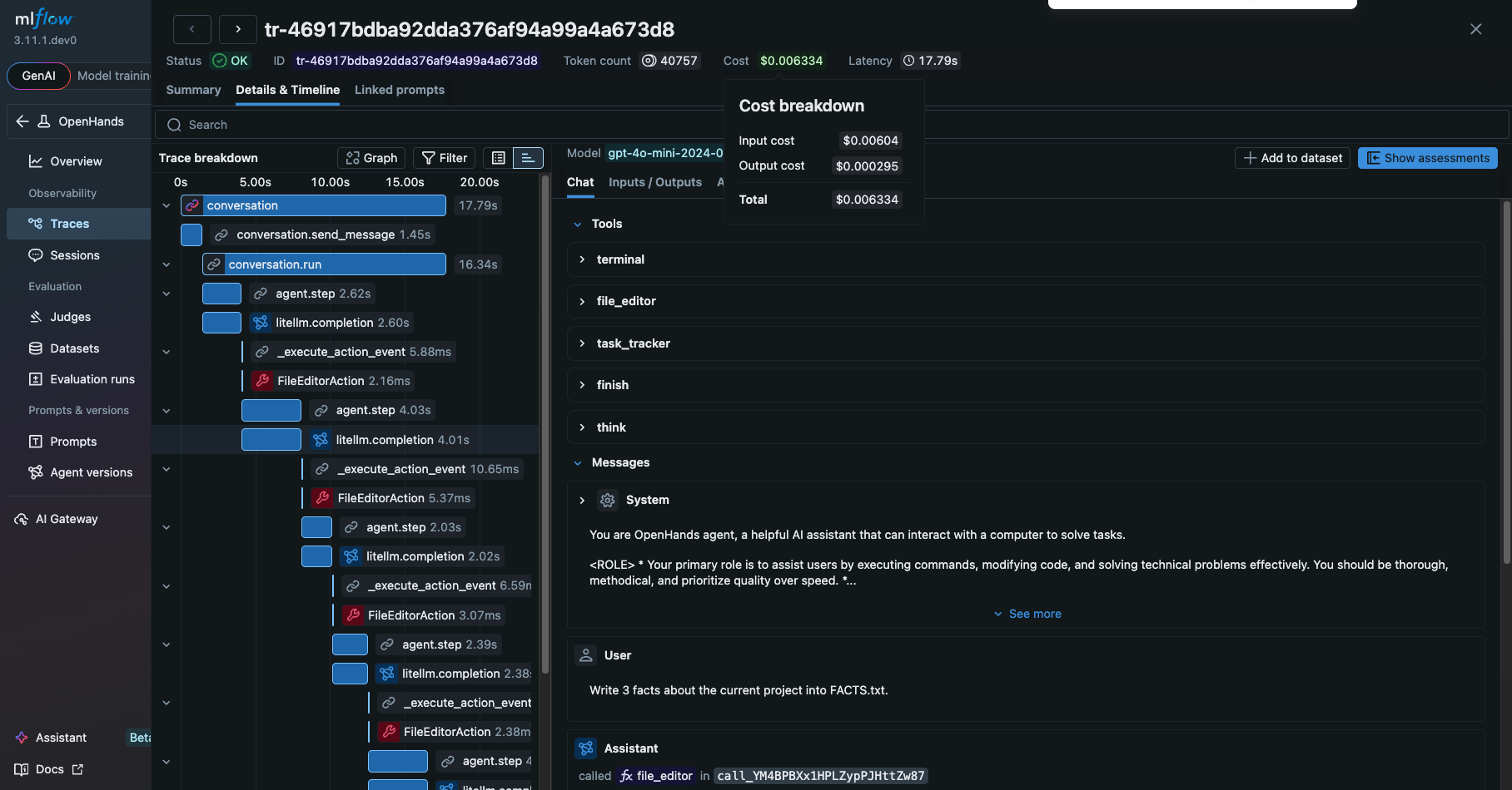 MLflow trace detail showing OpenHands traces