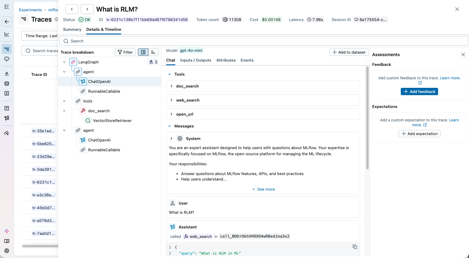 MLflow tracing and evaluation workspace screenshot