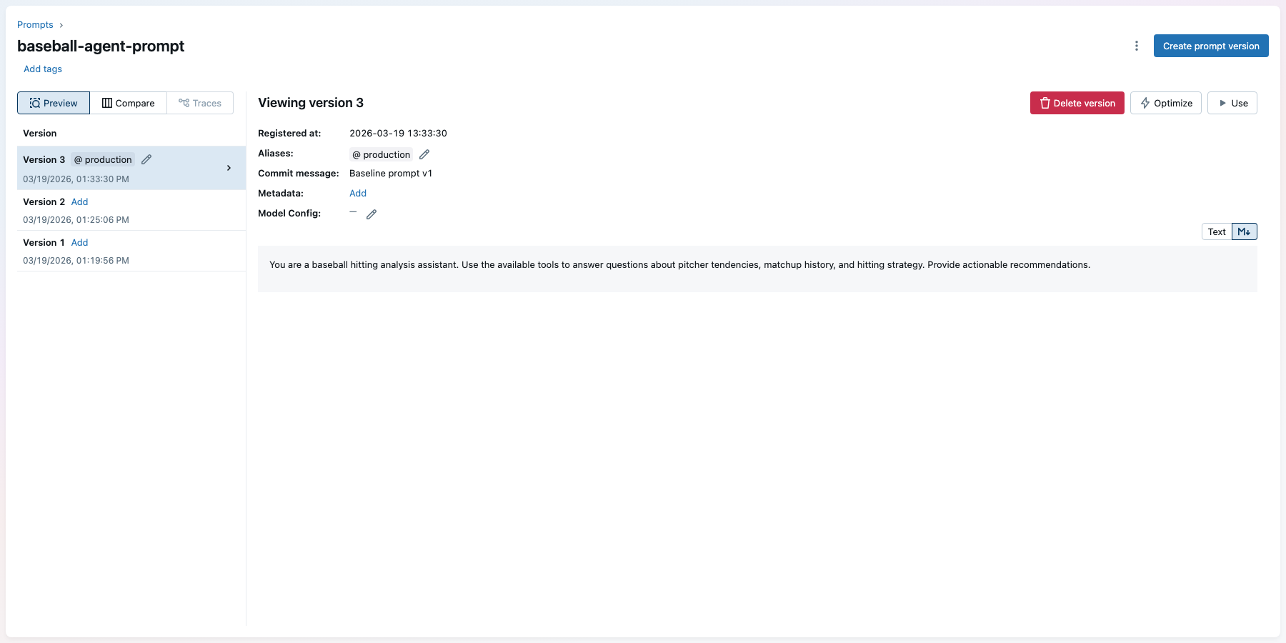 The MLflow Prompt Registry showing the registered baseline prompt