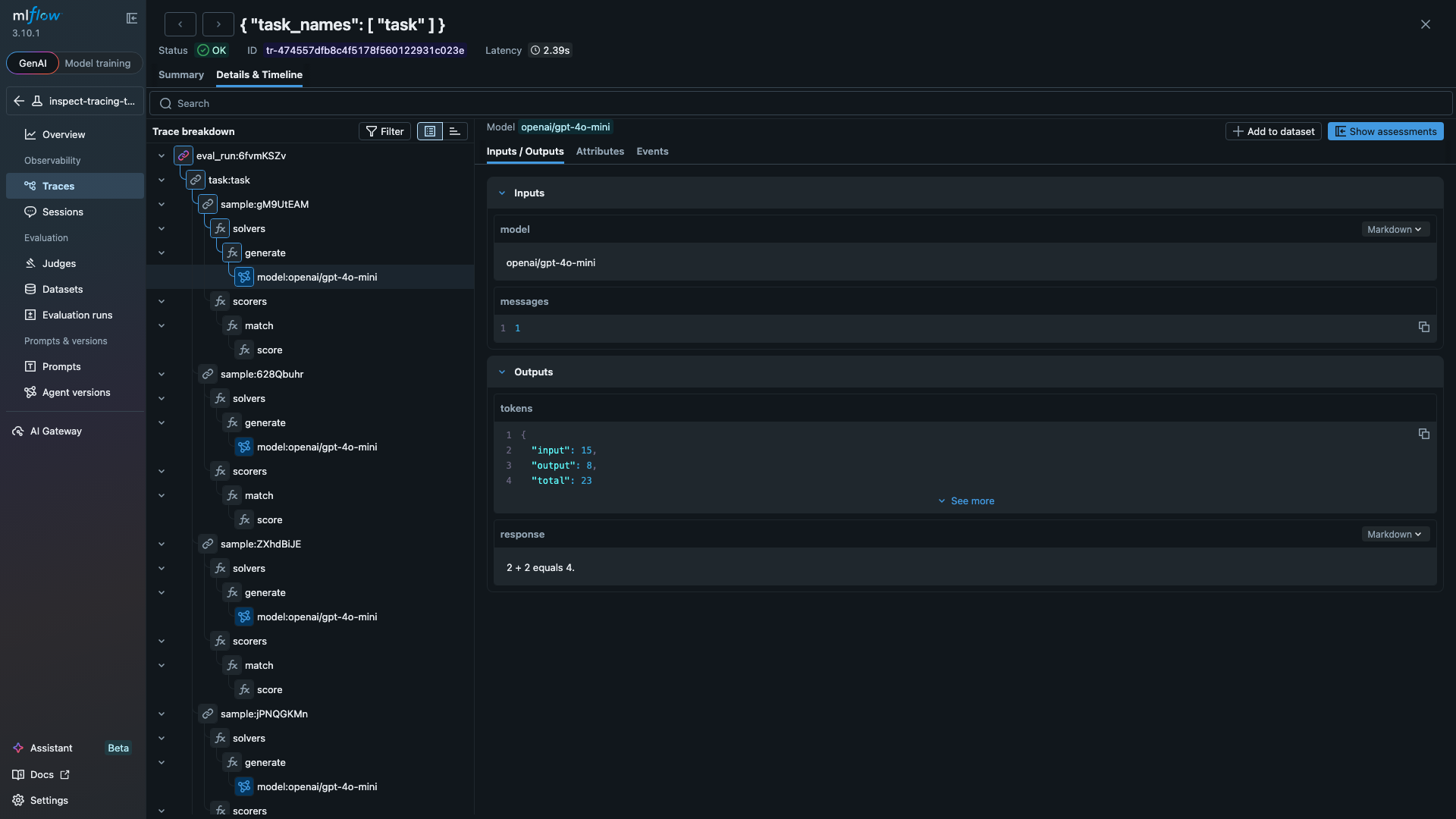 LLM span detail showing model name, token counts, and response text