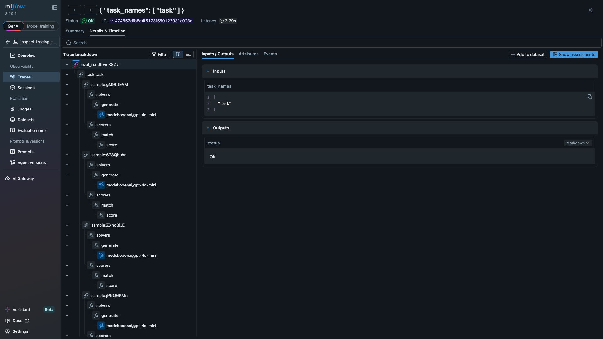 MLflow trace span tree showing full evaluation hierarchy with solver and scorer spans