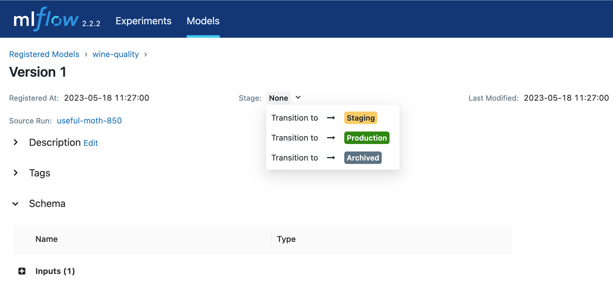 Screenshot of MLflow tracking UI models page showing the registered model