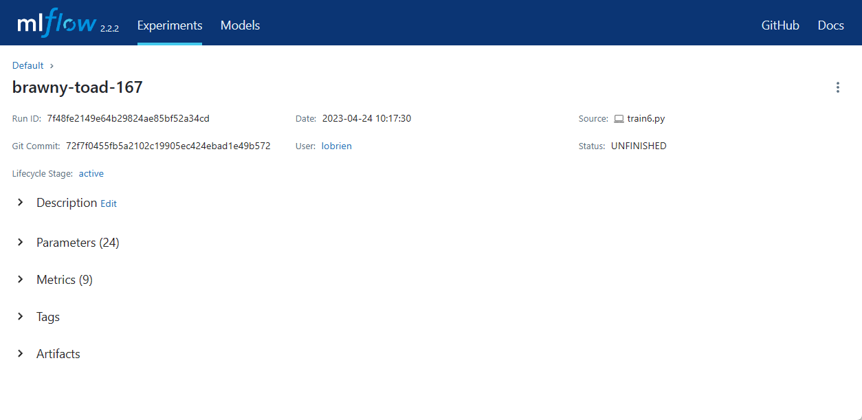 Screenshot of MLflow tracking UI details page