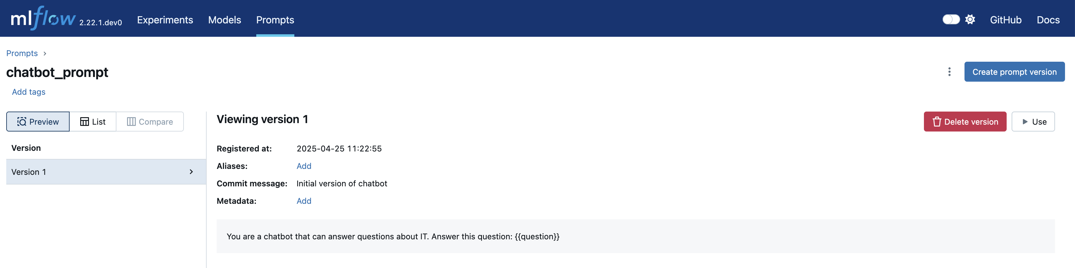 The MLflow UI showing a prompt version
