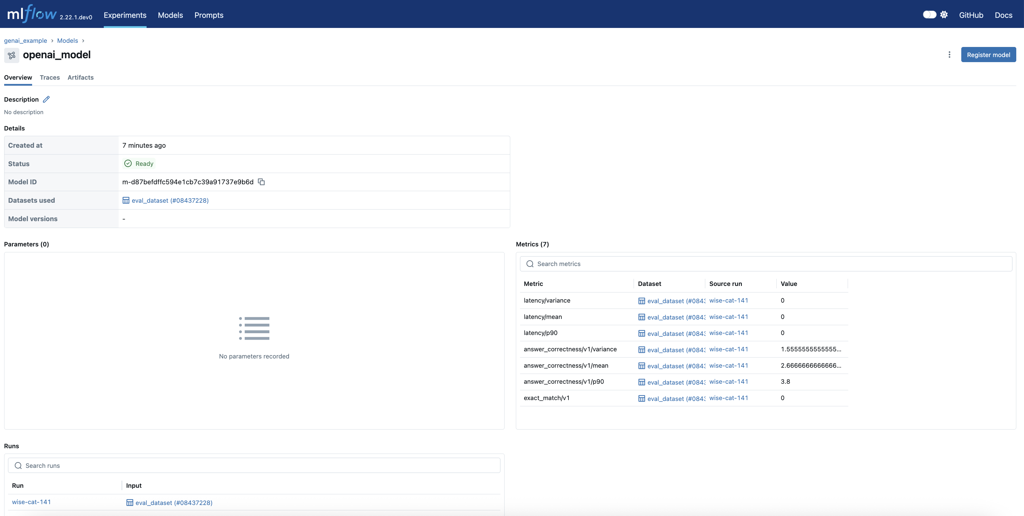 The MLflow UI showing the evaluate run metrics
