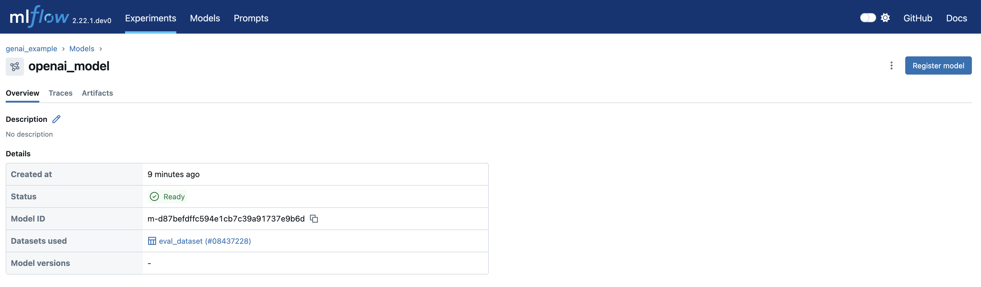 The MLflow UI showing the logged model details page