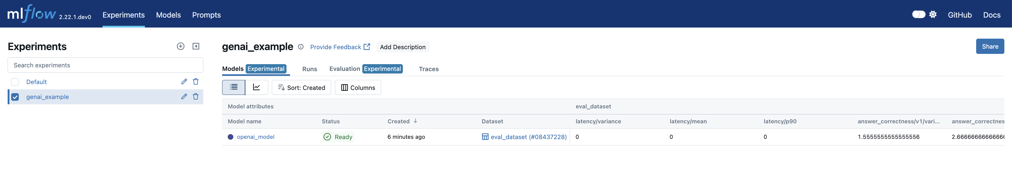 The MLflow UI showing the logged models in an experiment