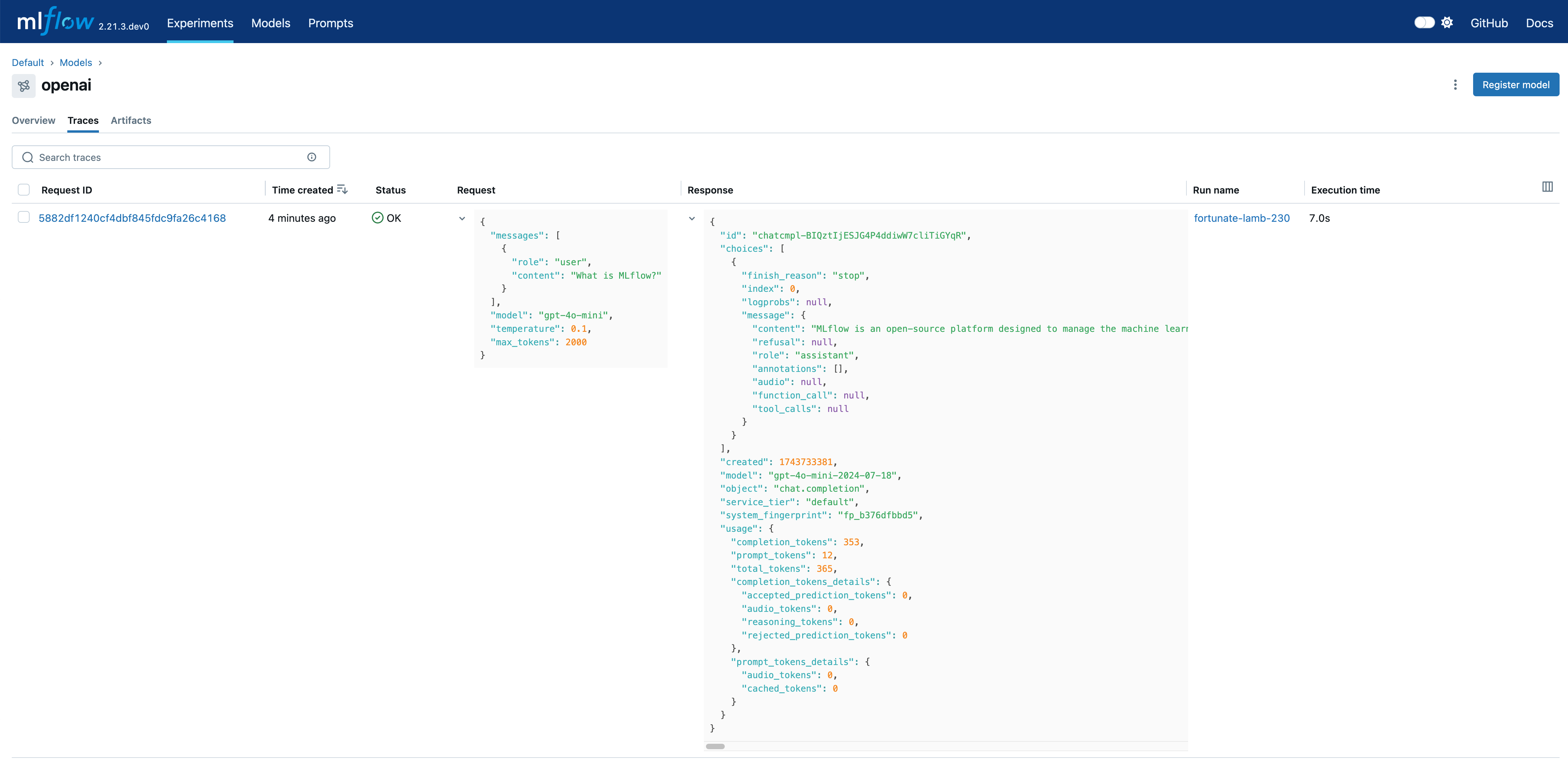 The MLflow UI showing the logged model traces