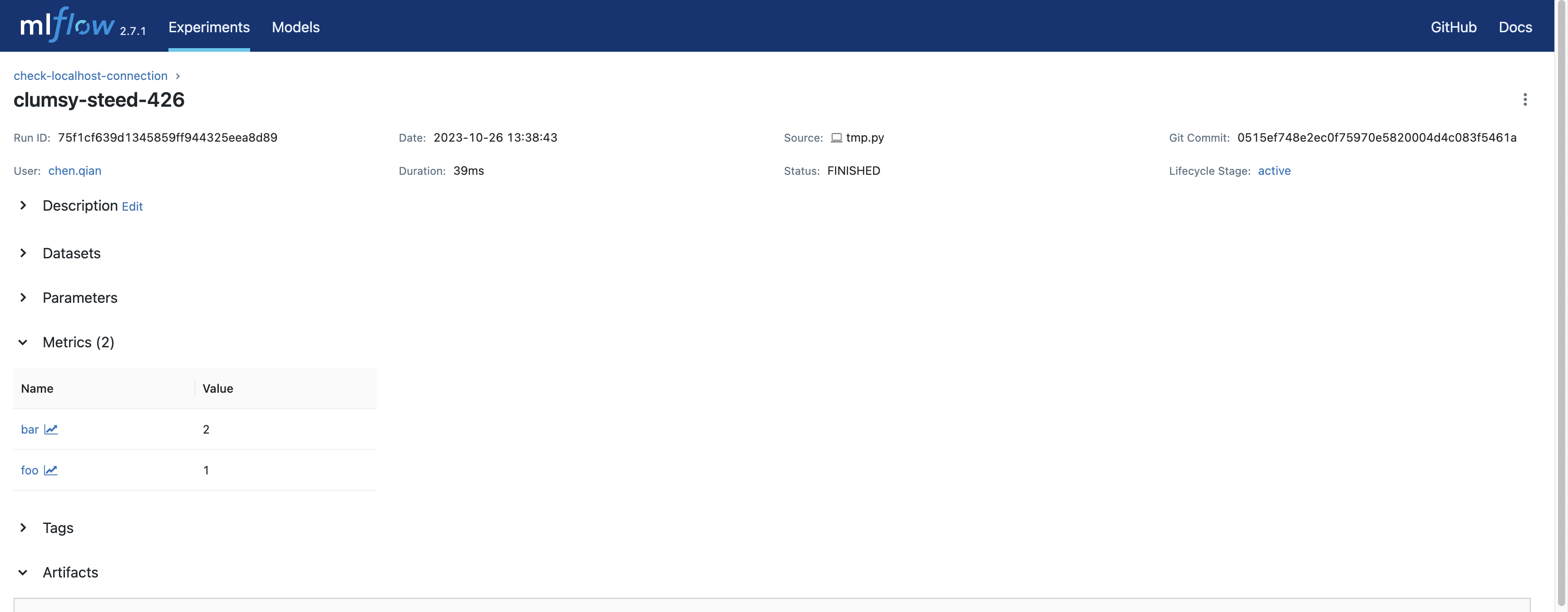 Run view of OSS MLflow server