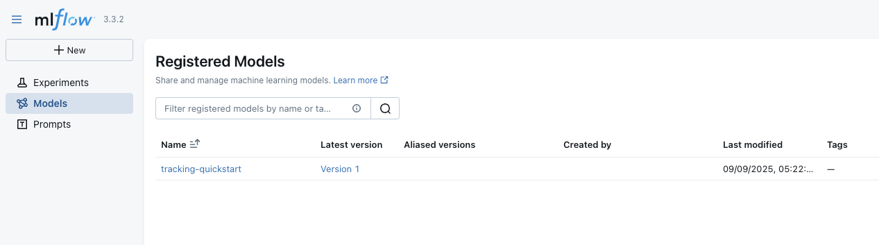 MLflow UI Experiment view page models tab