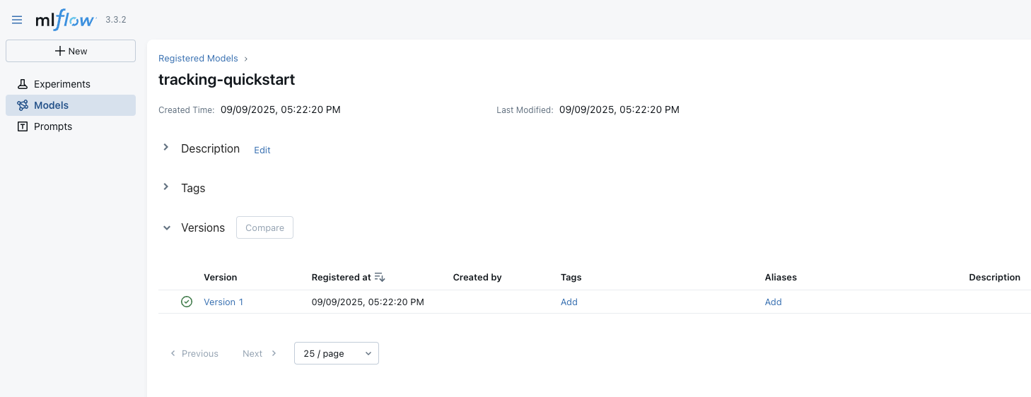 MLflow UI Model view page