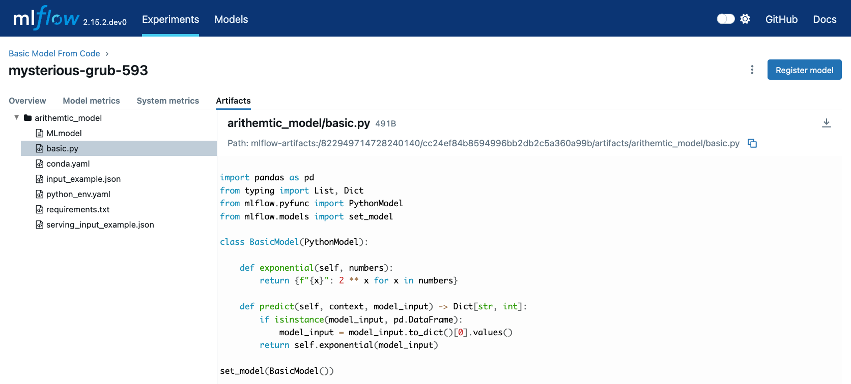 The MLflow UI showing the stored model code as a serialized python script