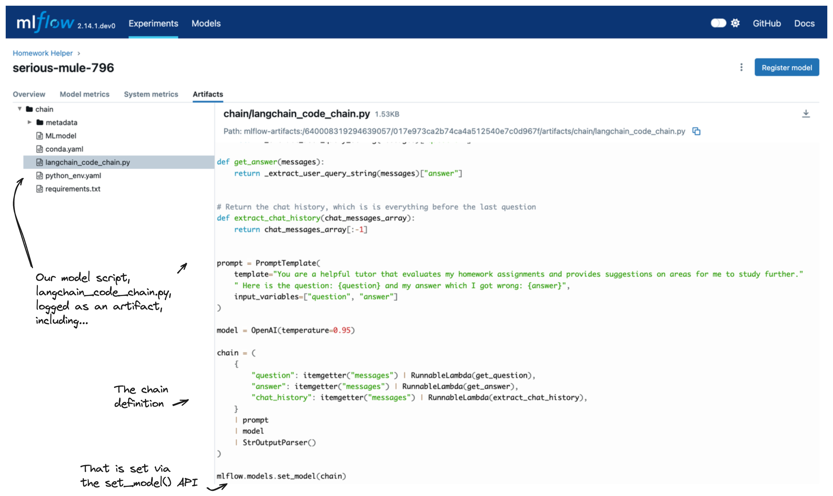 Logging a LangChain model from a code script file