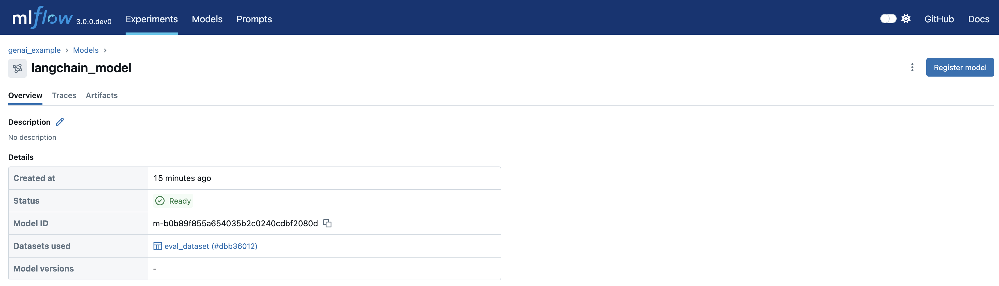 The MLflow UI showing the logged model details page