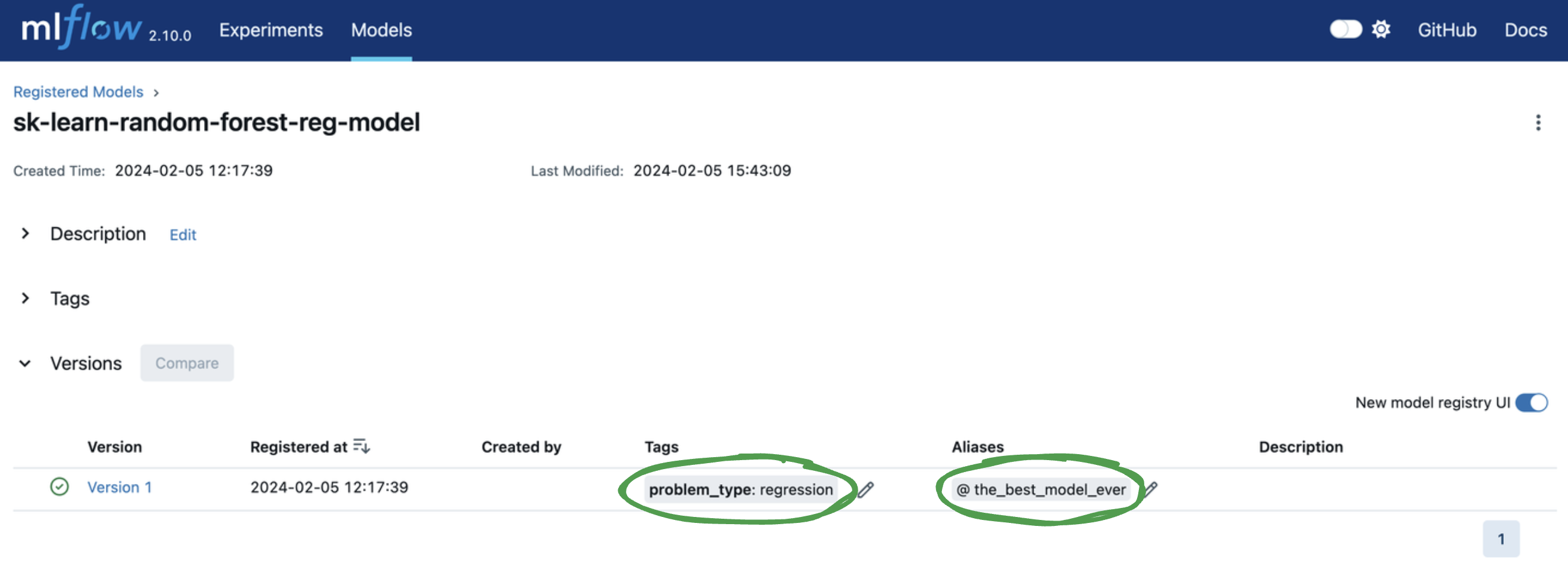Model information from the mlflow
ui.