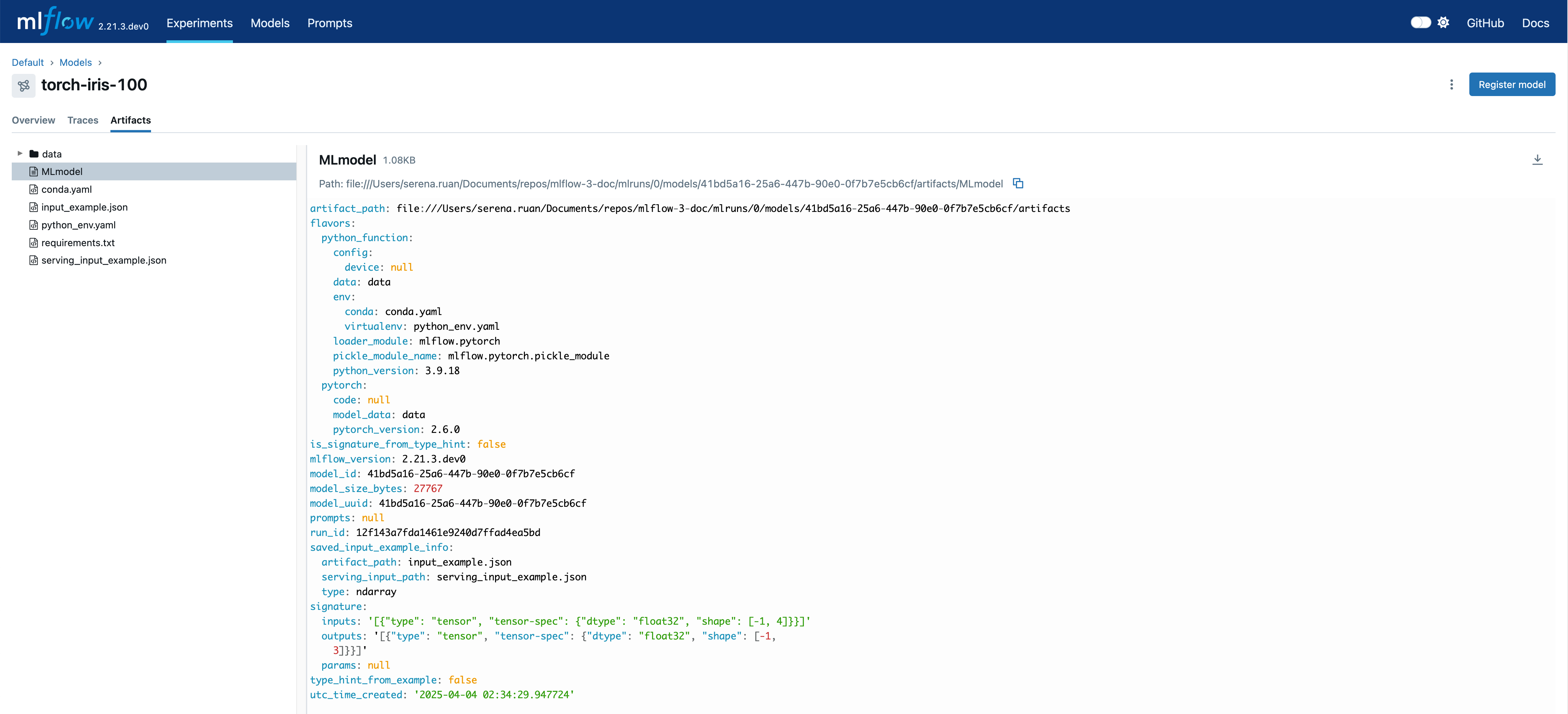 The MLflow UI showing the model artifacts