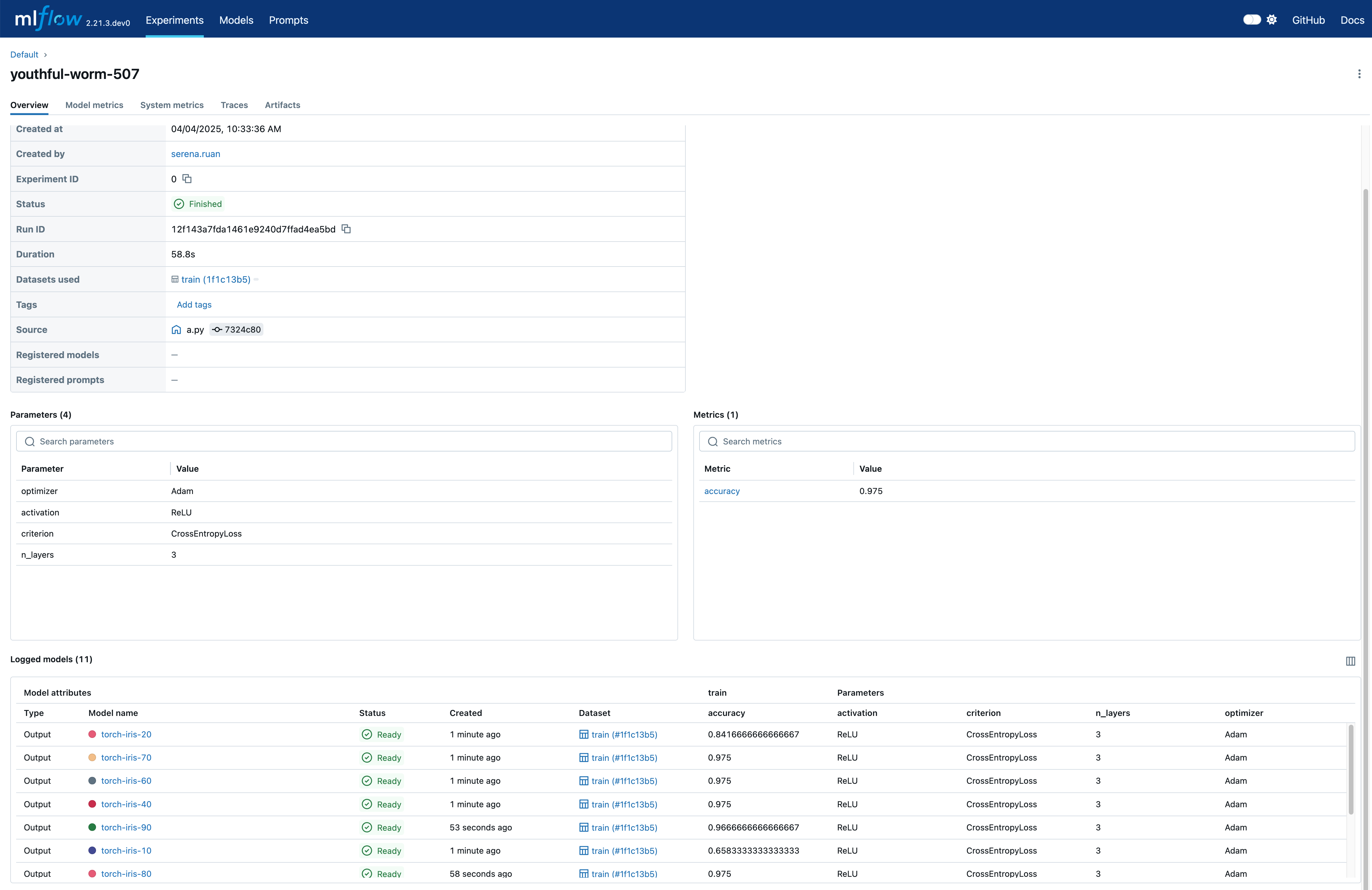 The MLflow UI showing the run page with logged models