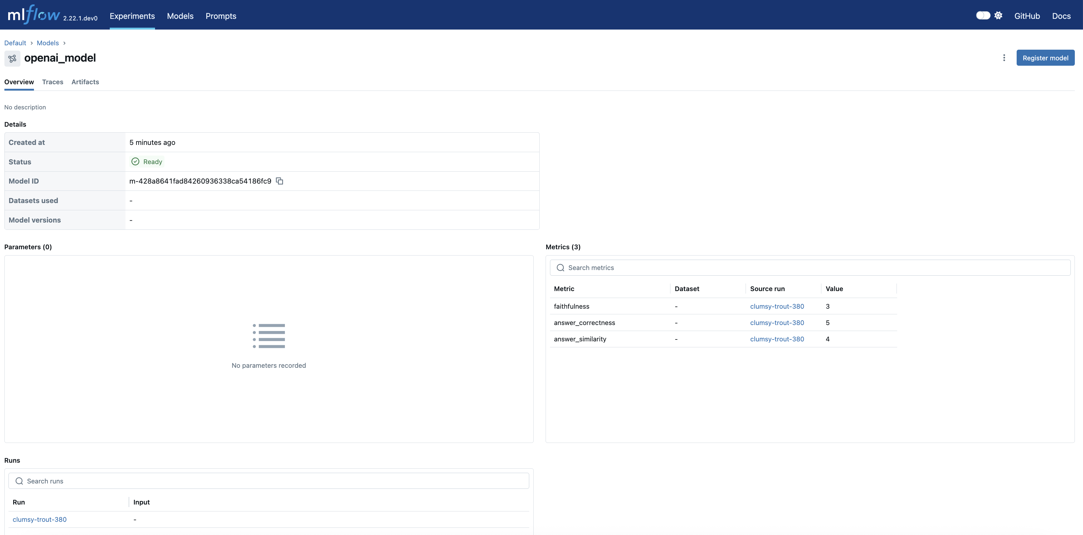 The MLflow UI showing the logged model