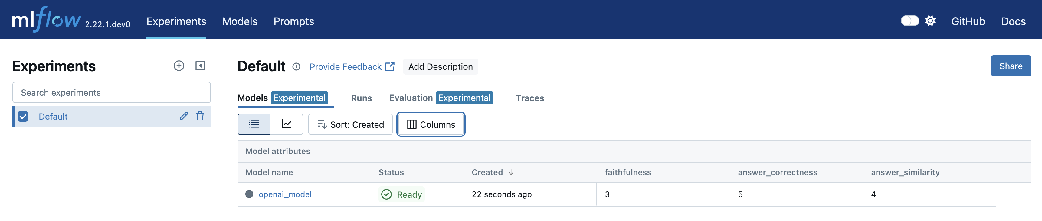 The MLflow UI showing the models tab