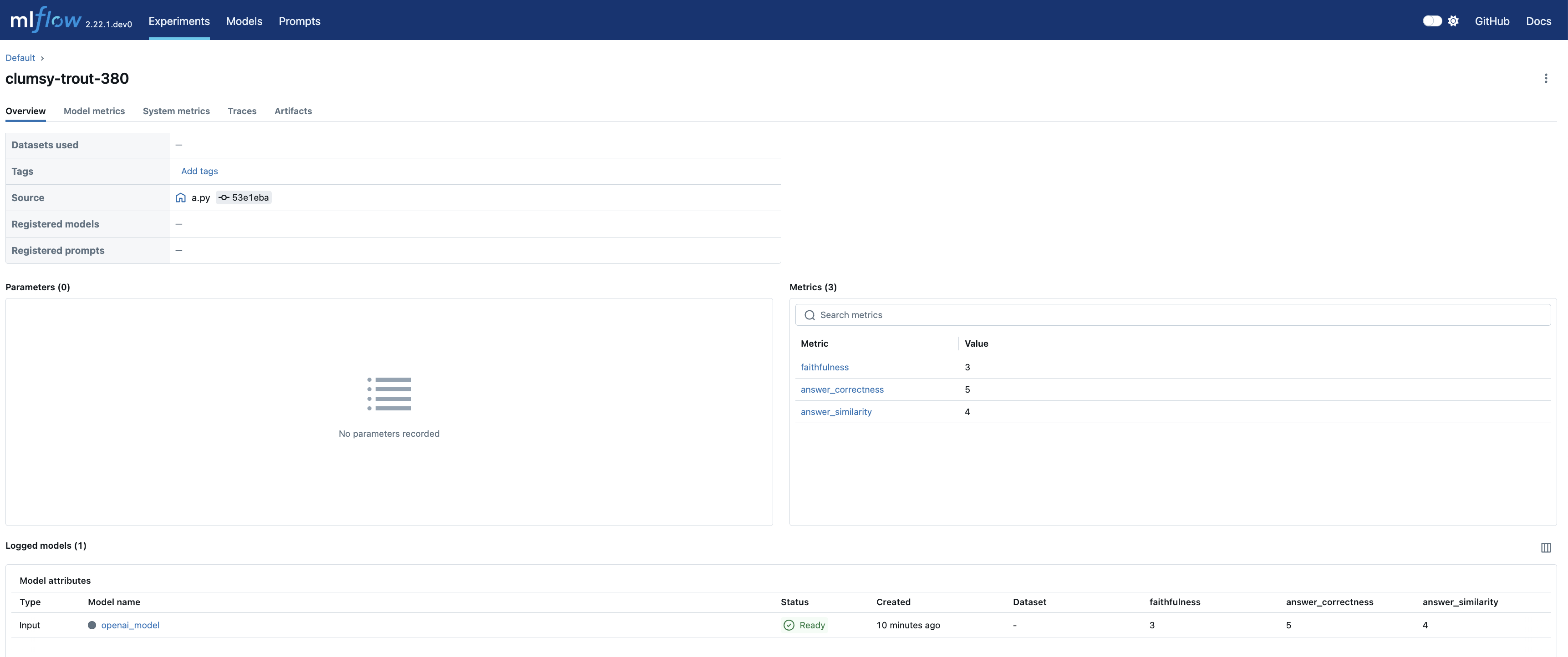 The MLflow UI showing the run and logged model