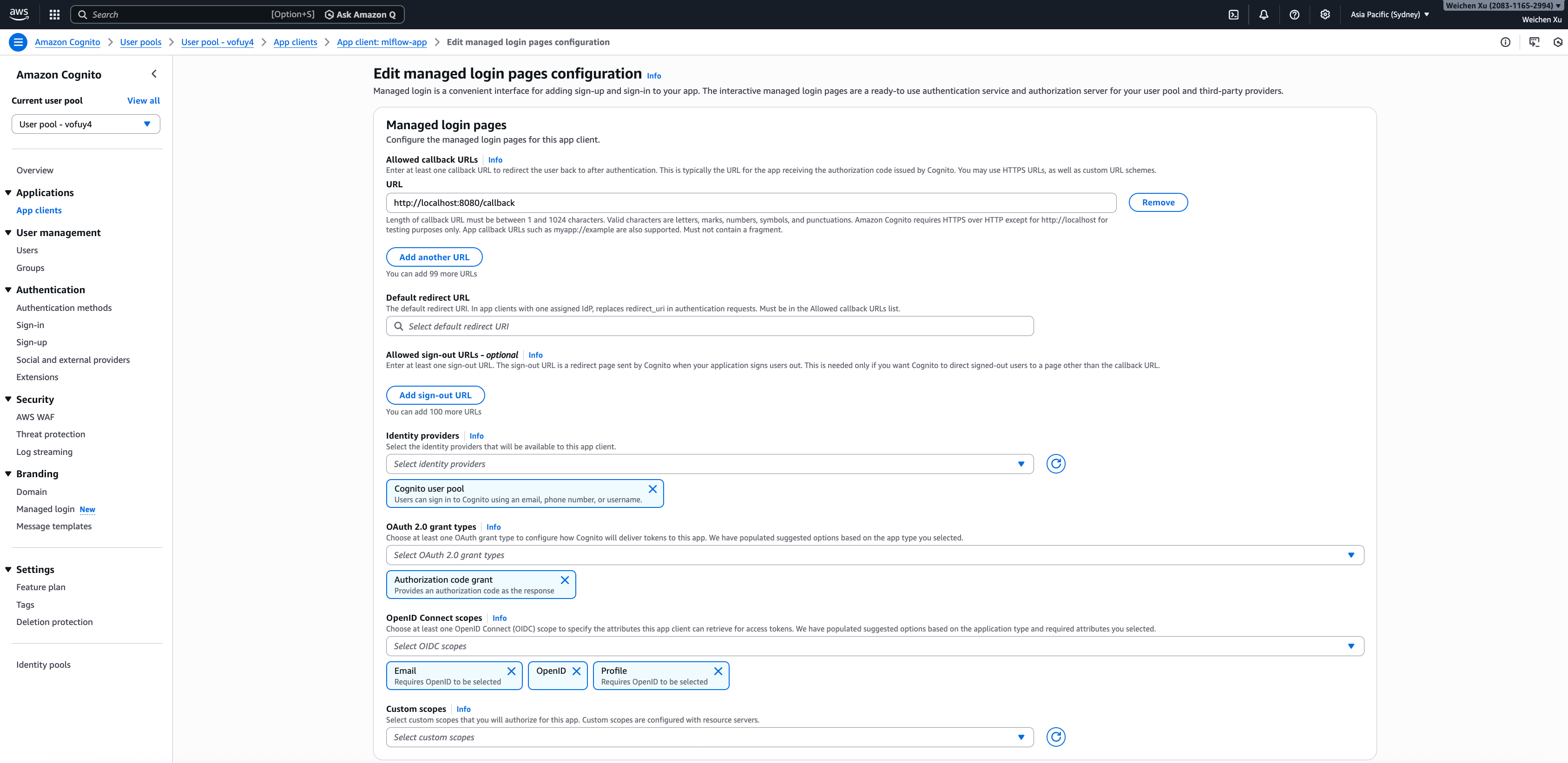AWS Cognito app setting