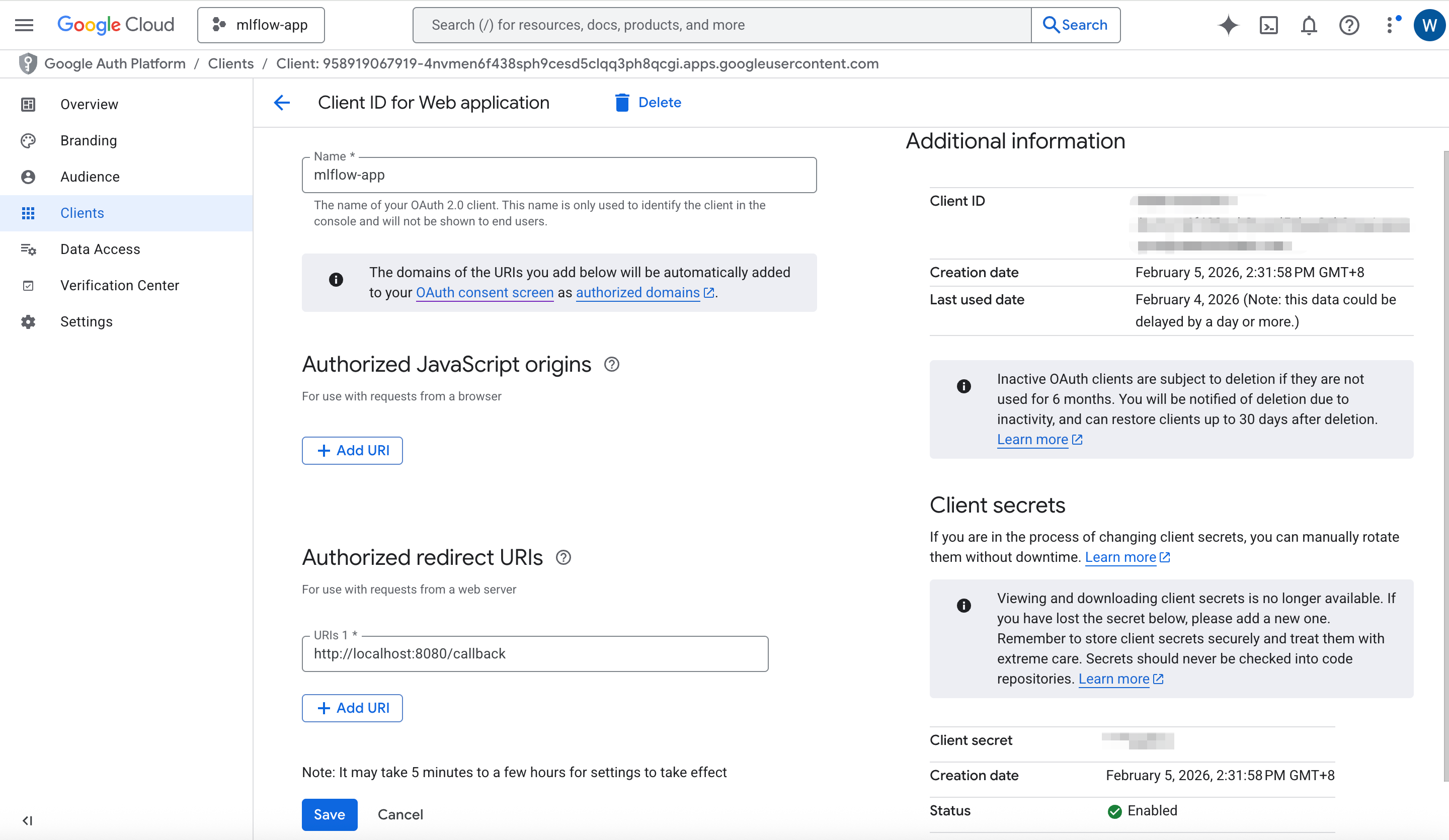 Google oauth credentials creation