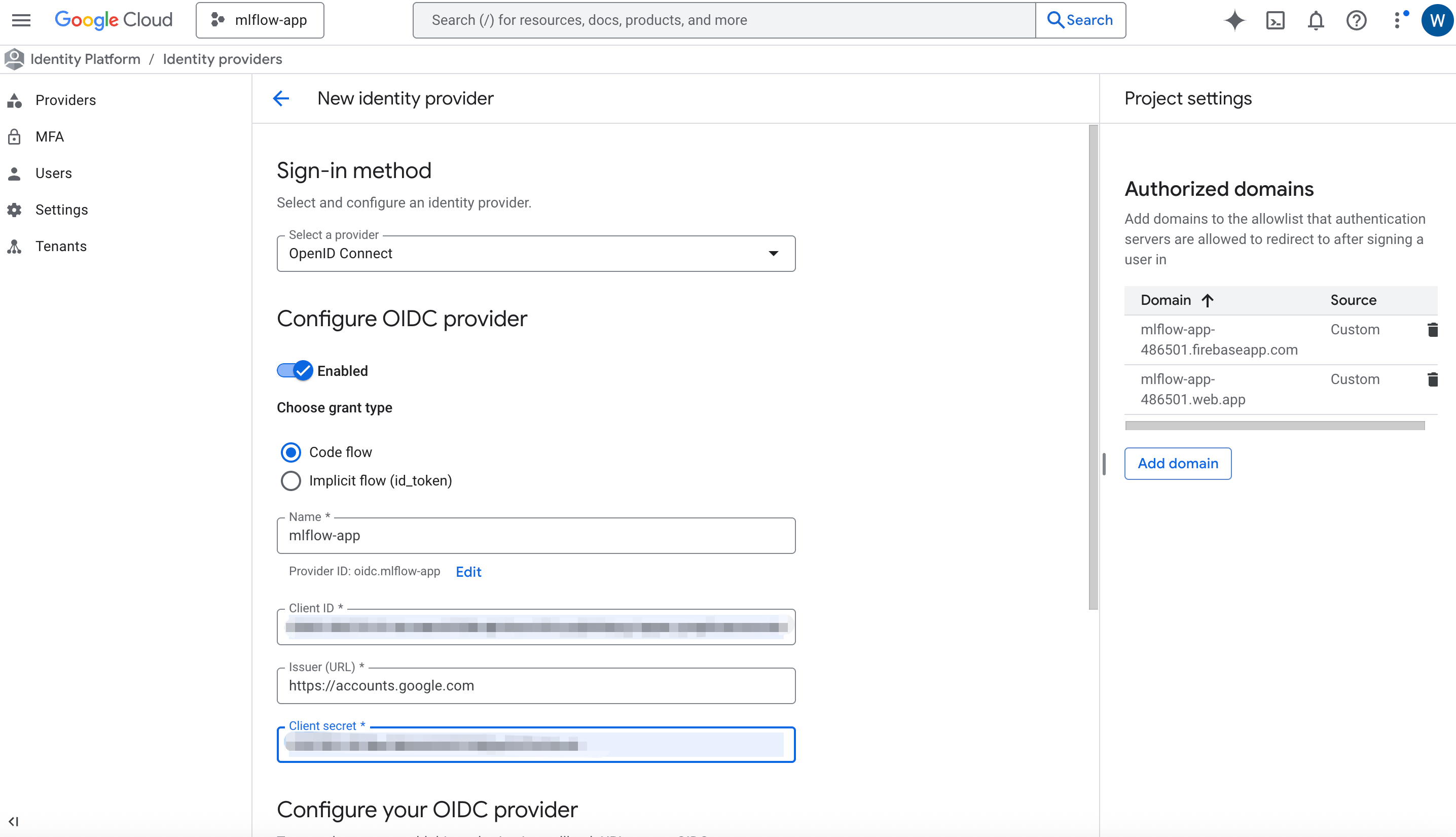 Google OIDC provider creation