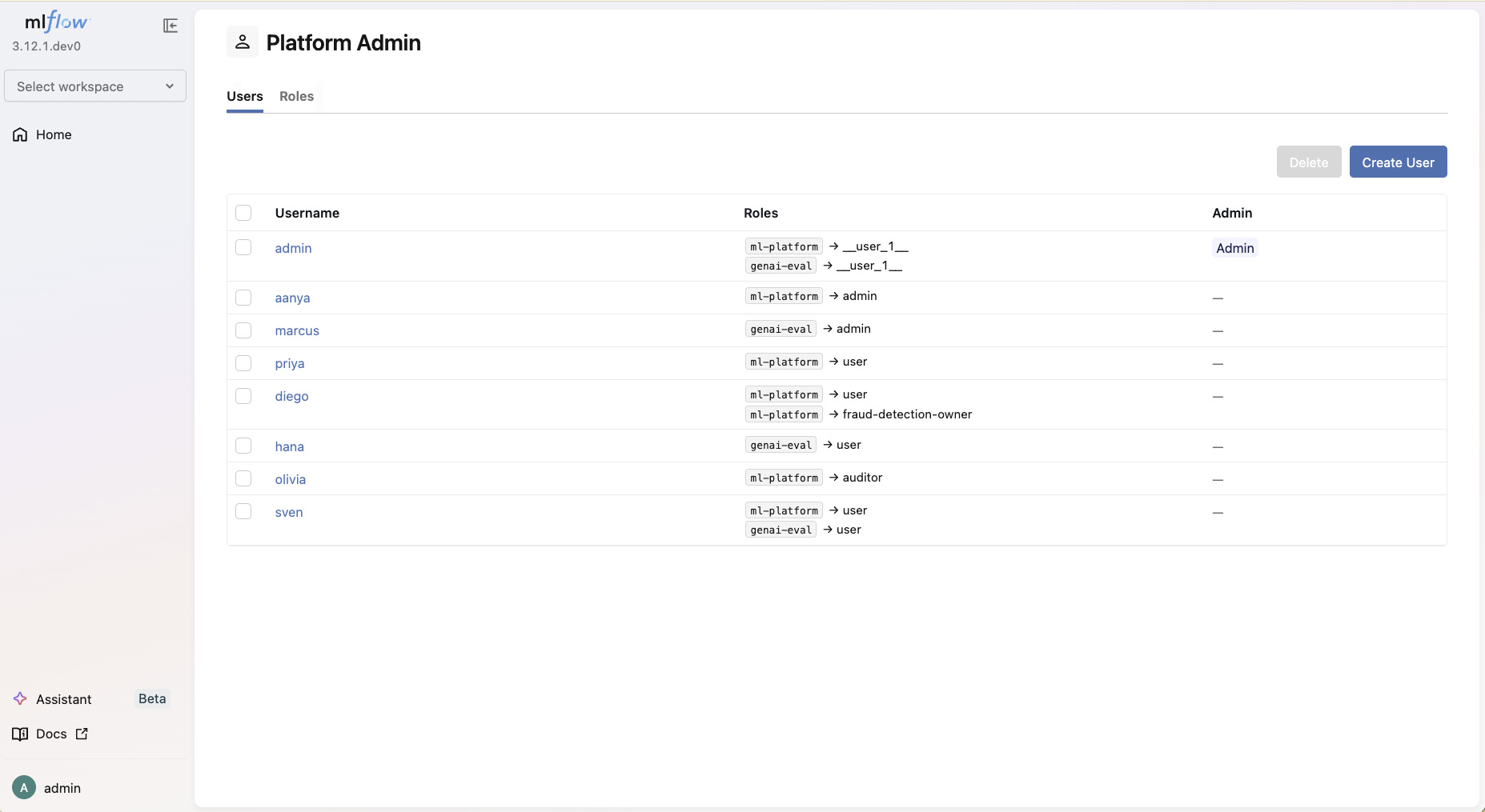 Admin UI showing Users and Roles tabs