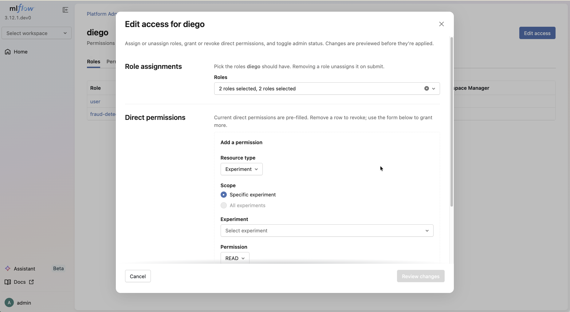 Edit access modal showing Role assignments section