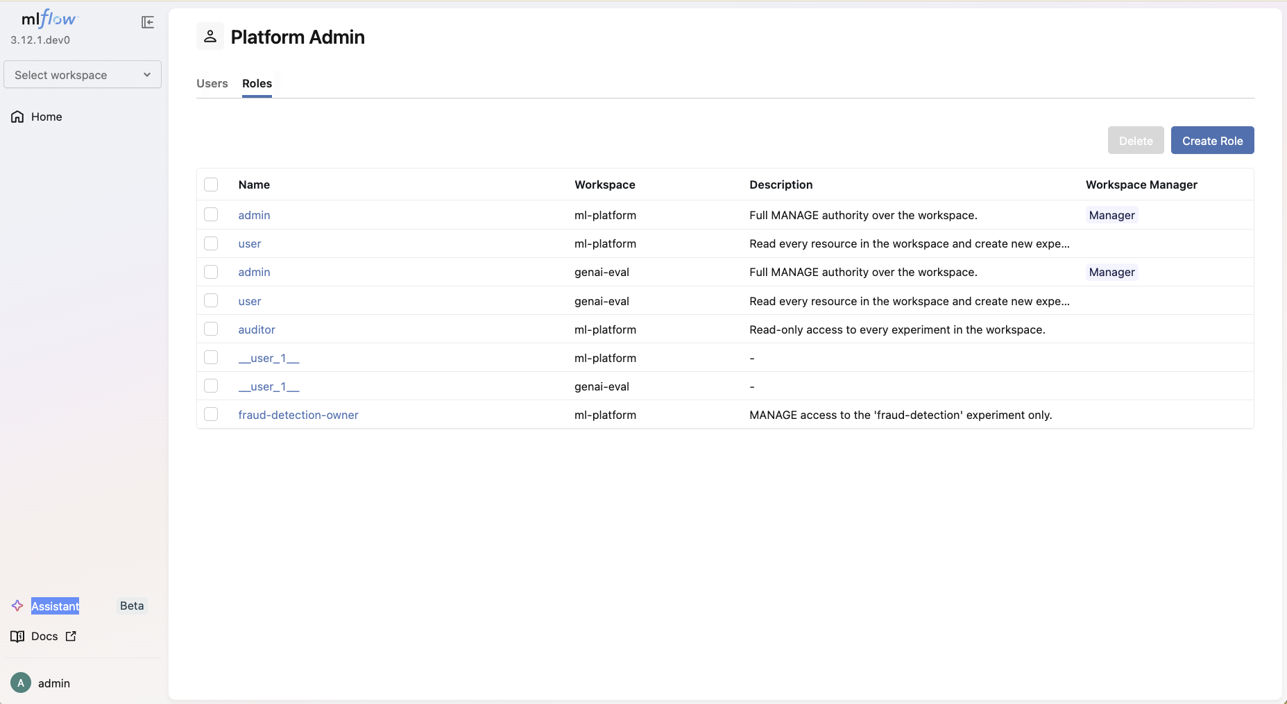Roles tab listing roles across workspaces