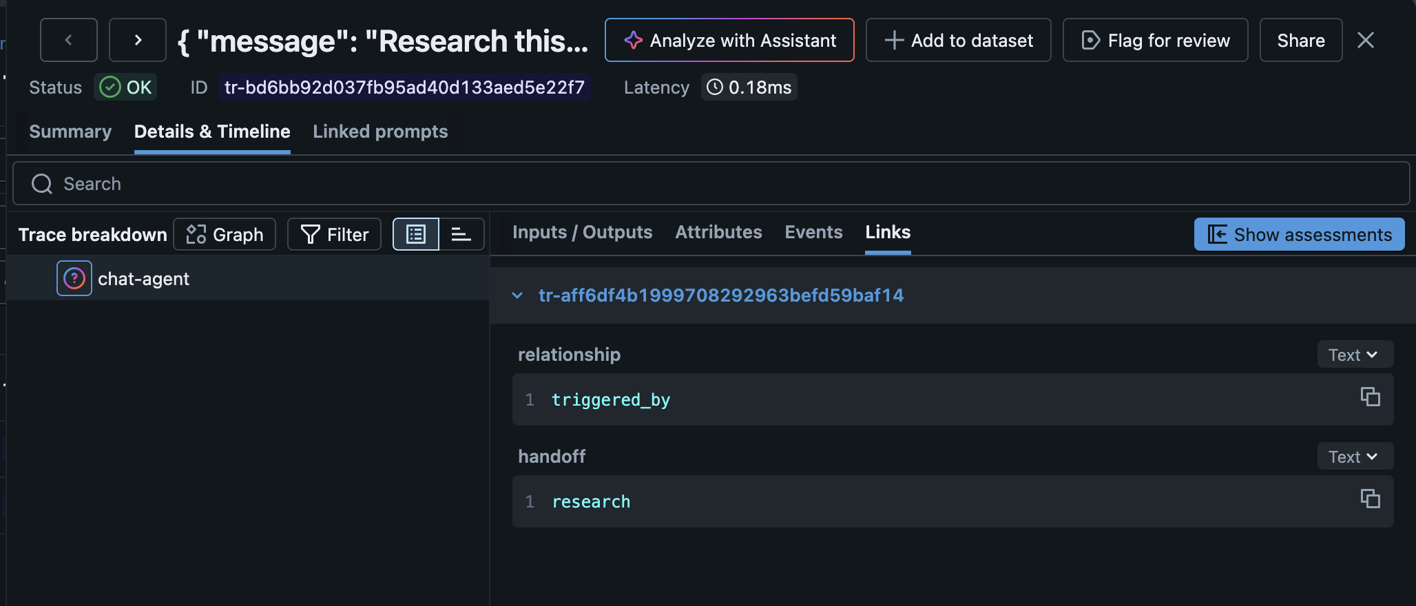 Span links shown in the trace explorer Links tab