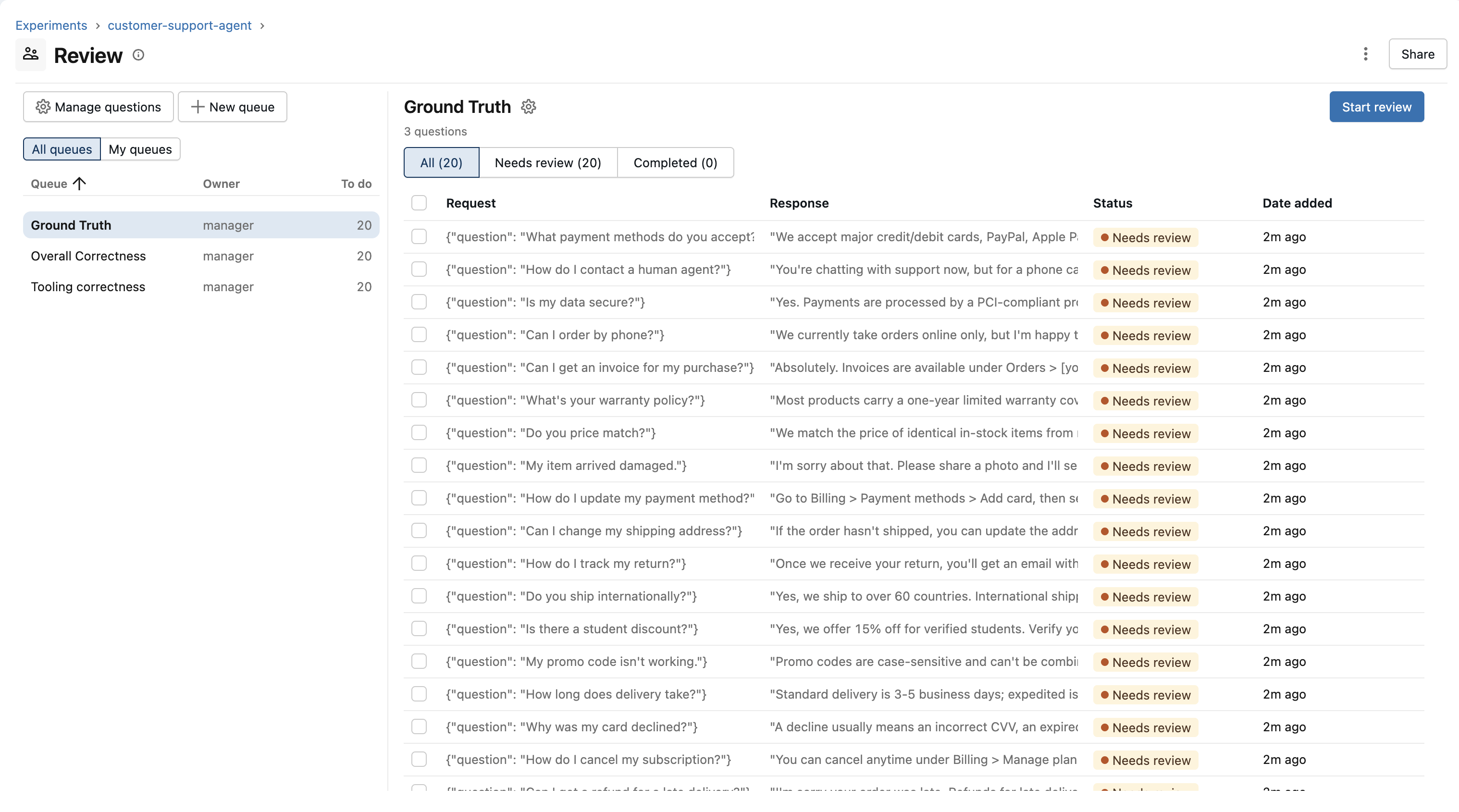 The Review tab showing a selected queue and its traces