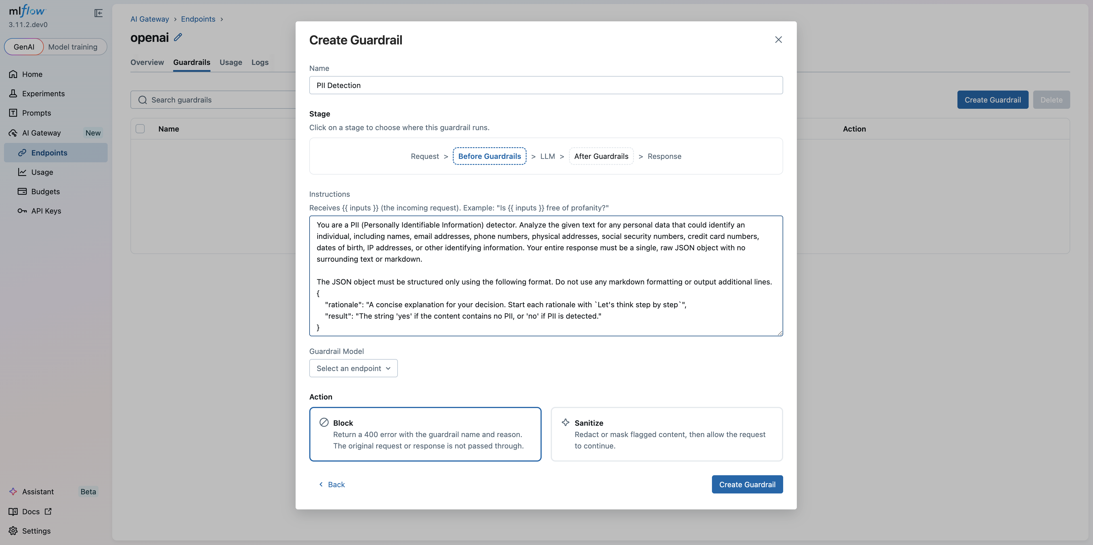 Create Guardrail configuration step showing Name, Stage picker, Instructions, Guardrail Model, and Action fields
