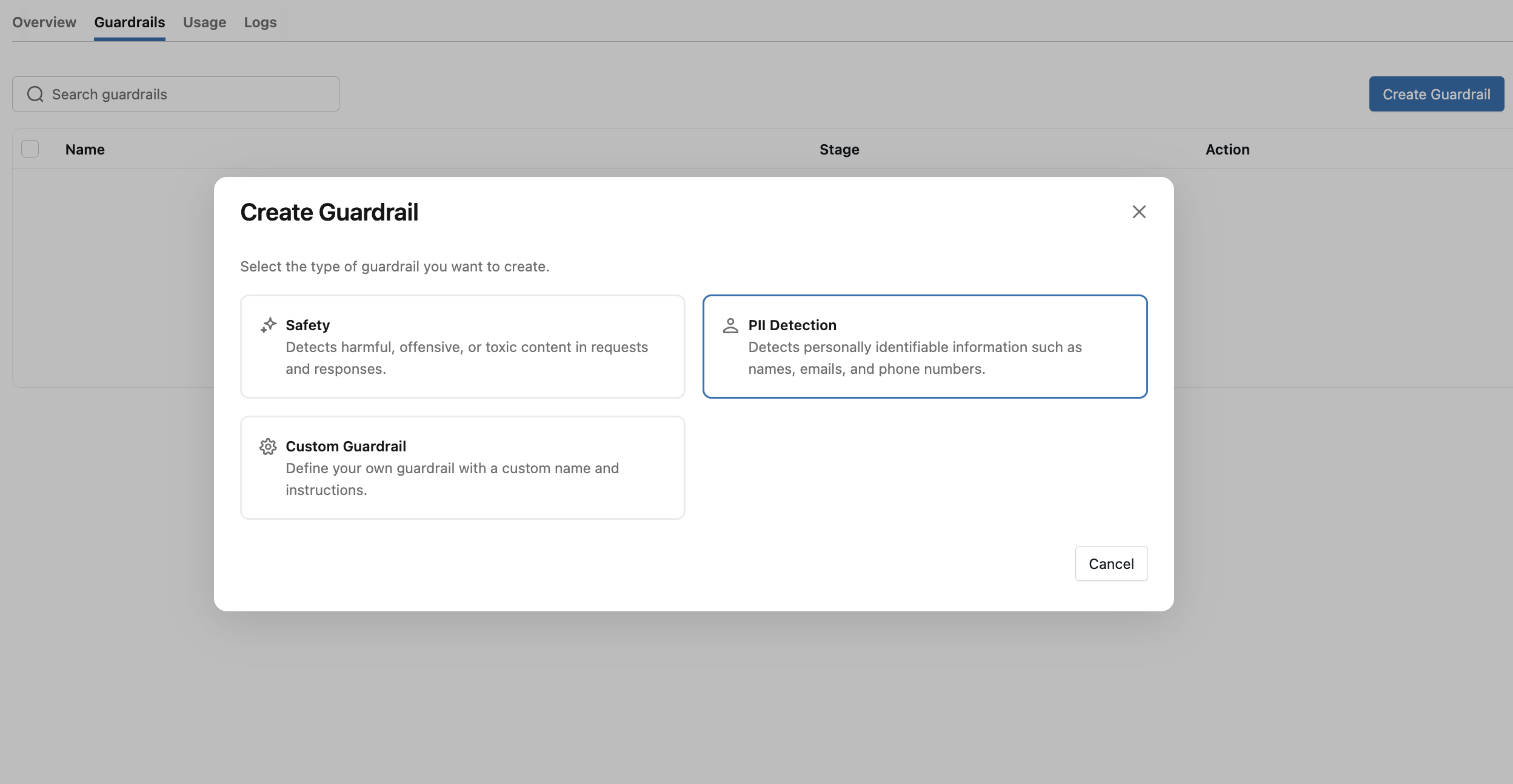 Create Guardrail dialog in the MLflow AI Gateway with Safety, PII Detection, and Custom Guardrail options
