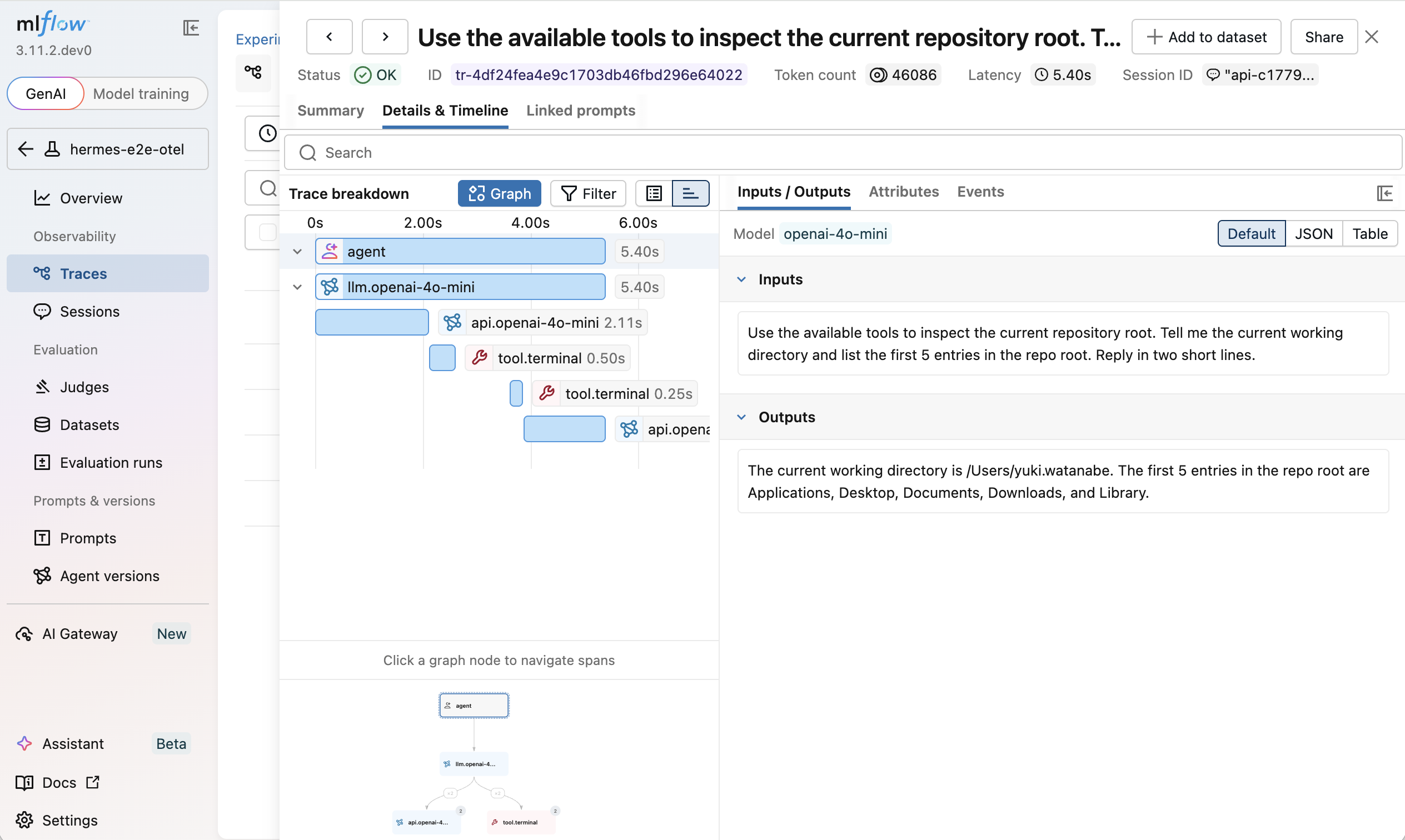 Hermes Agent tool-calling trace in the MLflow UI