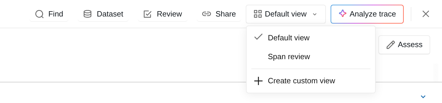 The view selector in the trace viewer header, listing the default view, saved custom views, and the option to create one