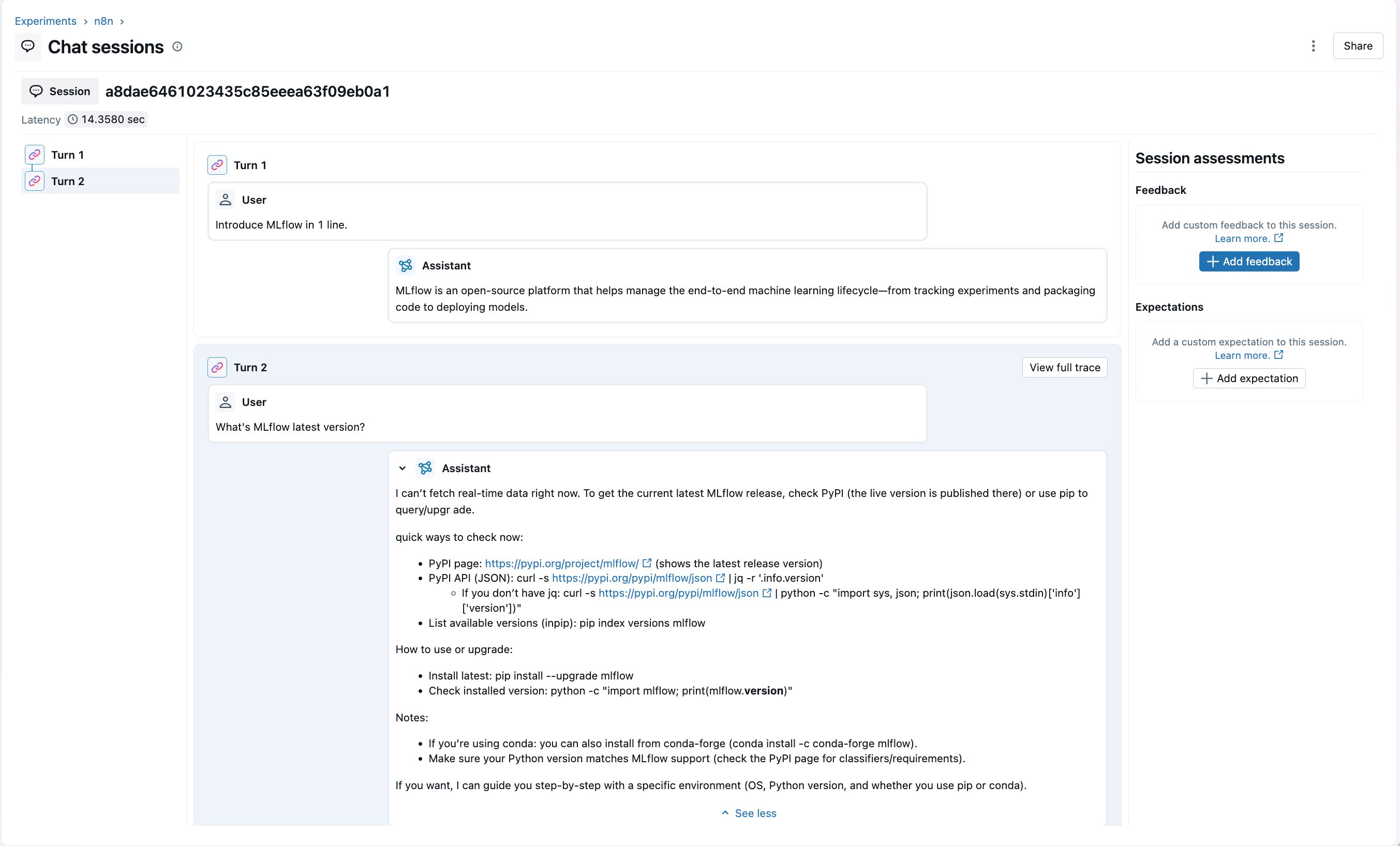 MLflow chat session grouped view